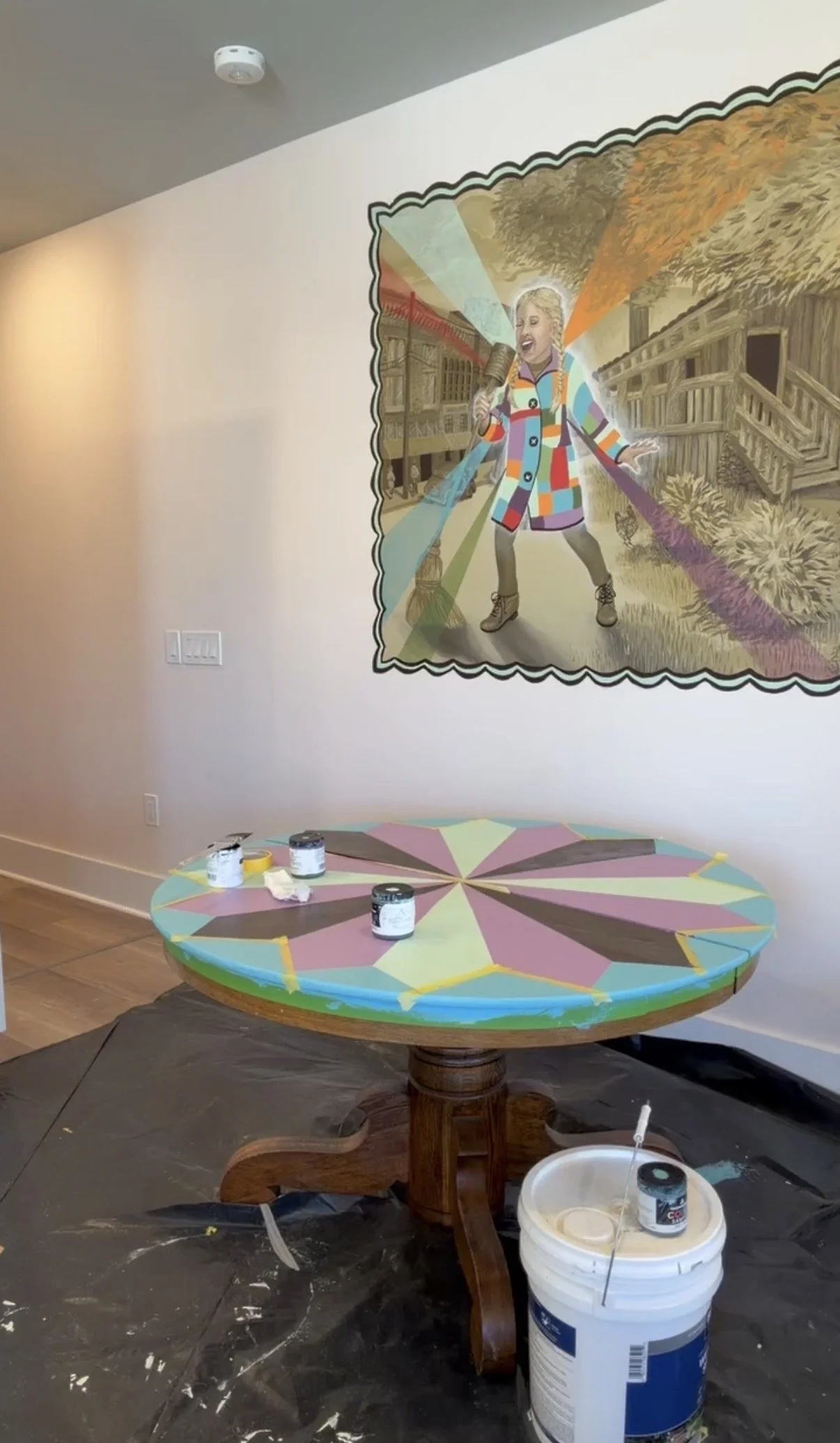 custom mural and dining table with dolly parton