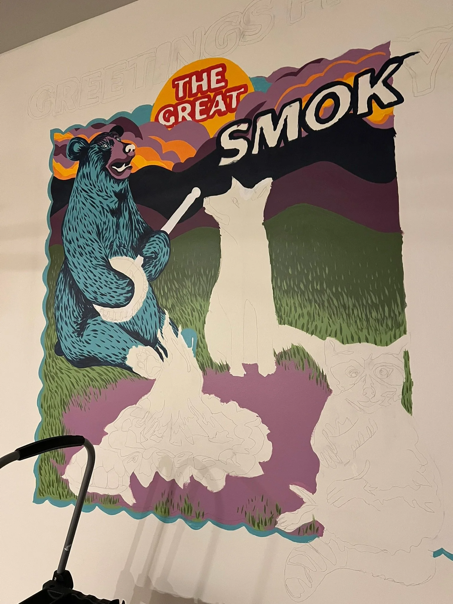custom mural of a bear playing guitar