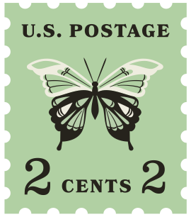 U.S. postage stamp with a butterfly and denomination of 2 cents.