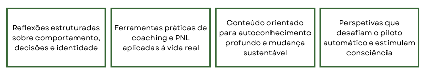 Estrutura de life coaching com foco em autoconhecimento, comportamento, tomada de decisões, PNL aplicada e desenvolvimento pessoal para mudanças sustentáveis