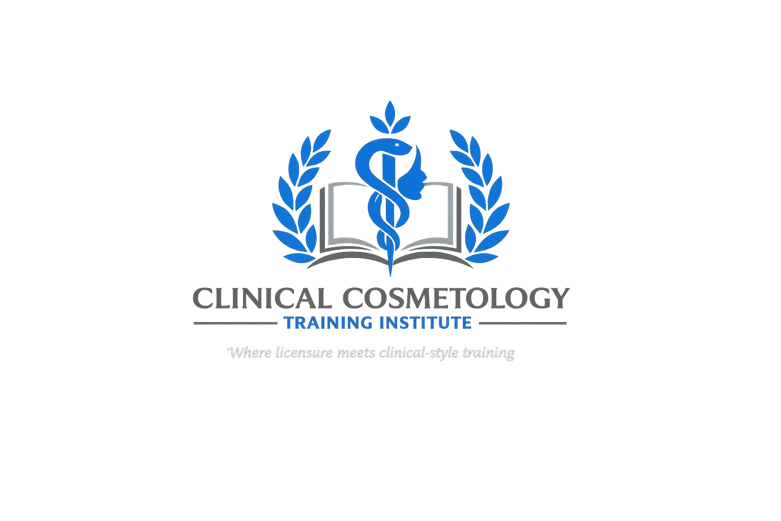 Neon sign for Clinical Cosmetology Training Institute with a caduceus symbol, open book, and laurel wreath, and the tagline 'Where licensure meets clinical-style training'.