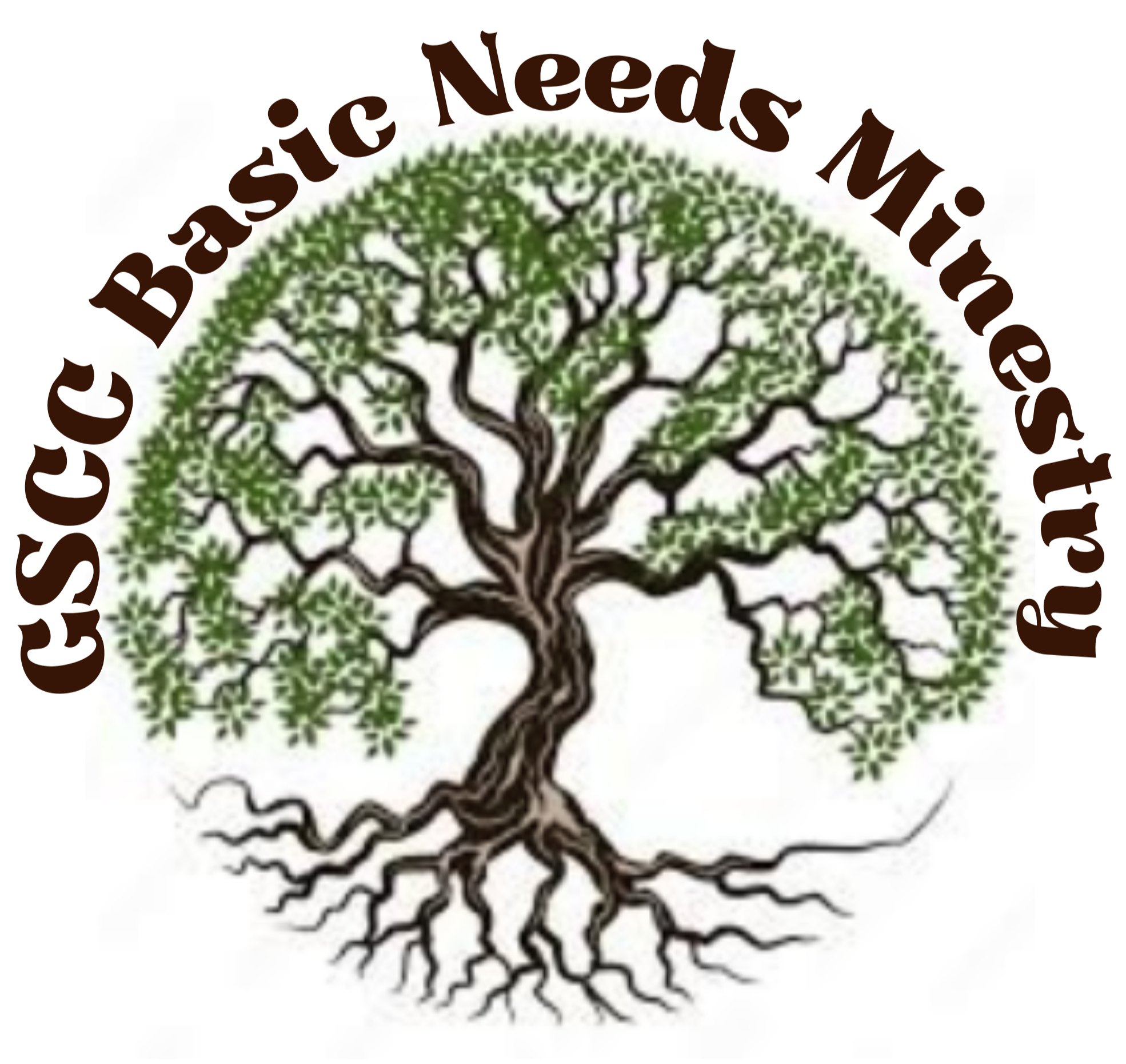 Logo of the Chico Basic Needs Ministry featuring a large evergreen tree with roots, and the text "Chico Basic Needs Ministry" curved above the tree.