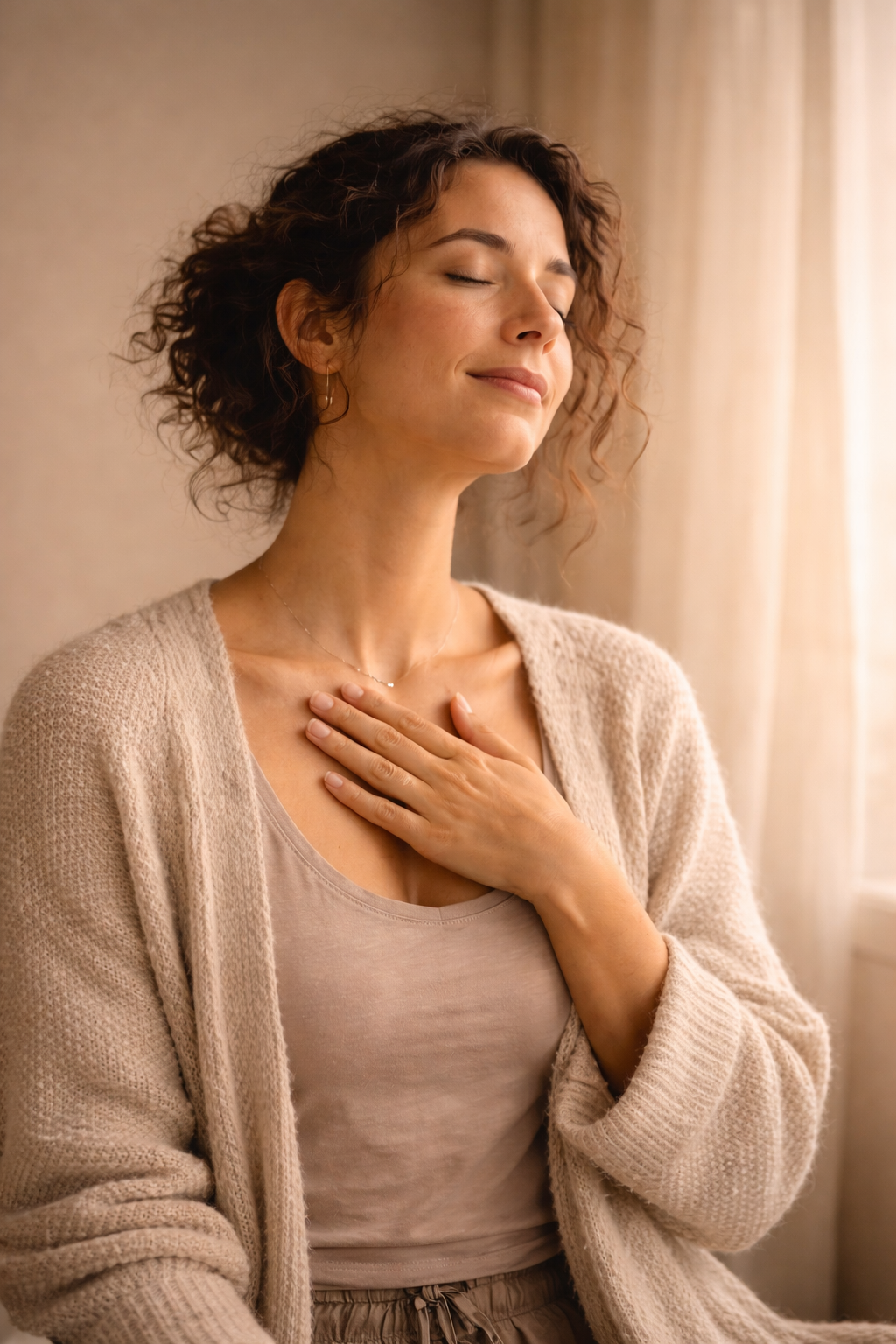 A woman with curly hair, wearing a beige sweater, smiling with her eyes closed and hand on her chest near her neck, standing in front of a curtain.