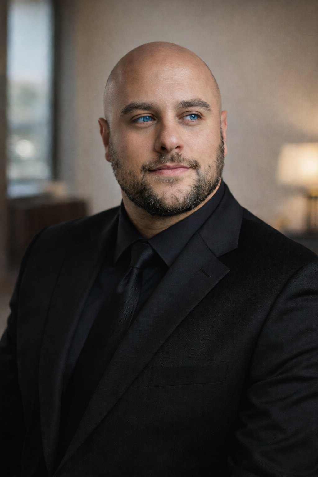 A portrait of a bald man with blue eyes and a beard, wearing a black suit and tie, in an indoor setting with blurred background amenities.