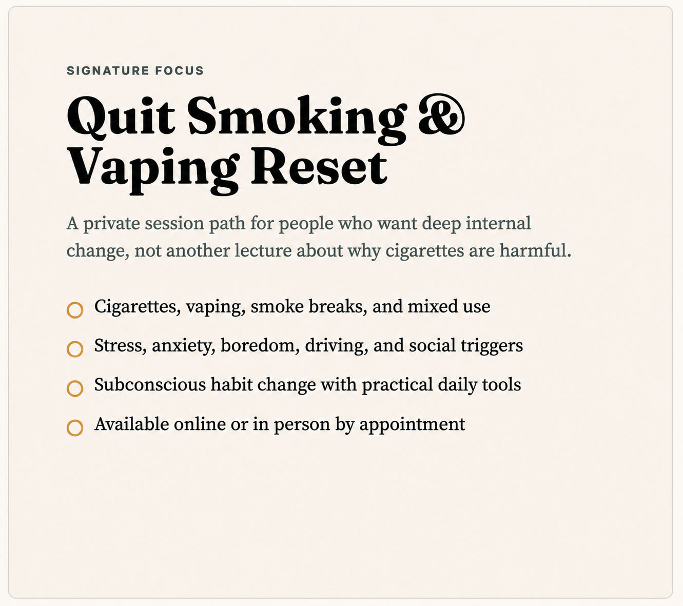 Flyer for a quit smoking and vaping reset workshop. It includes details about the focus, topics covered, and availability.