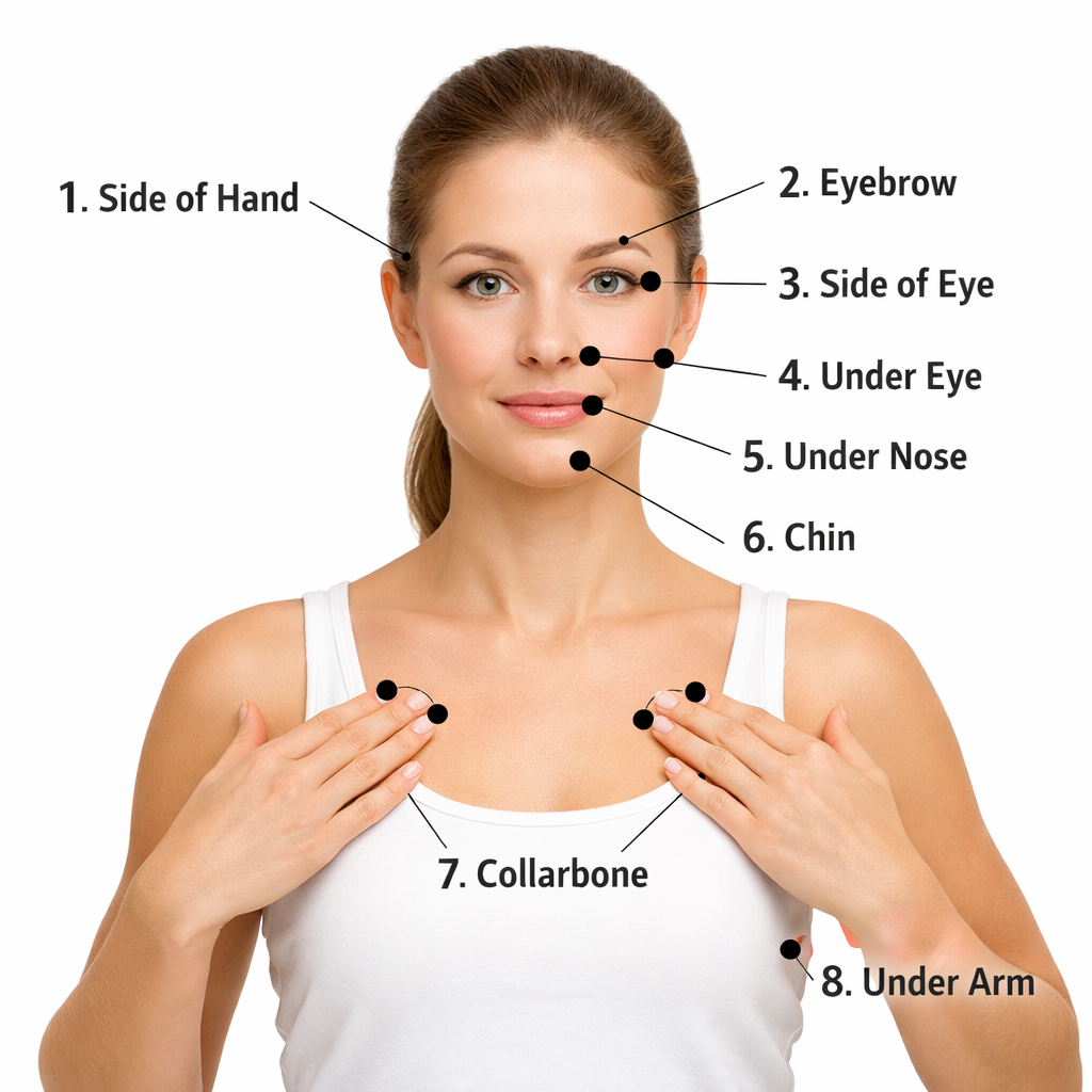 A woman demonstrates different points on her face and upper body with labels for each location, including side of hand, eyebrow, side of eye, under eye, under nose, chin, collarbone, and under arm.