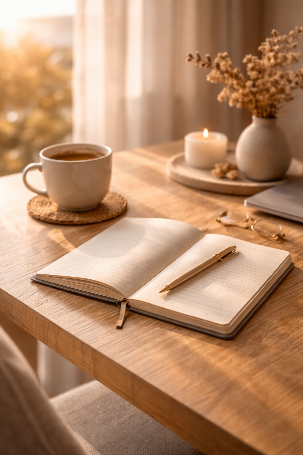 Open notebook with a gold pen resting on it, on a wooden table, next to a cup of tea on a cork coaster, with a lit candle, a vase of dried flowers, glasses, and some notes in the background.