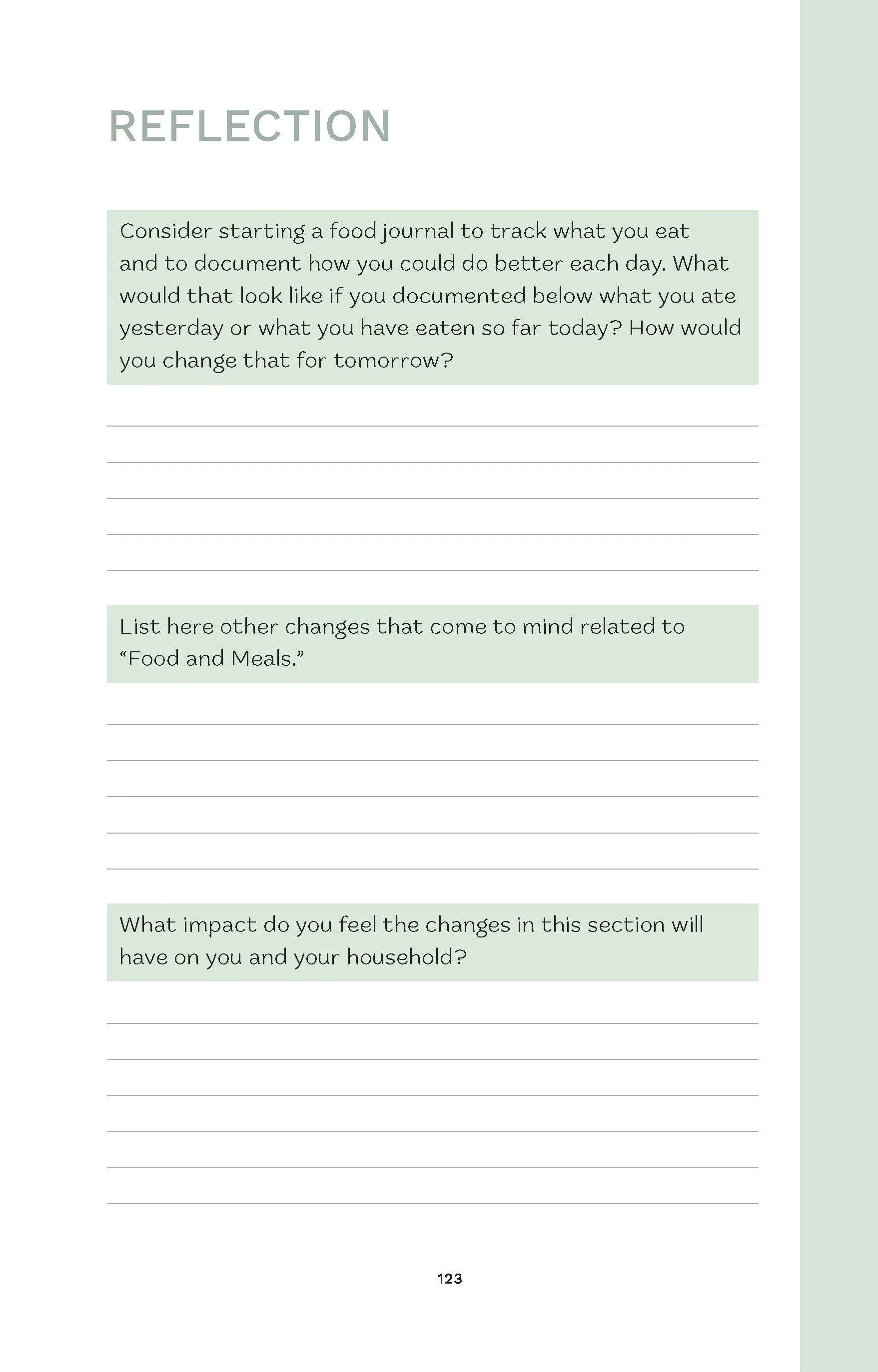 Reflection page from Our Healing Home with journaling prompts and space for written responses.