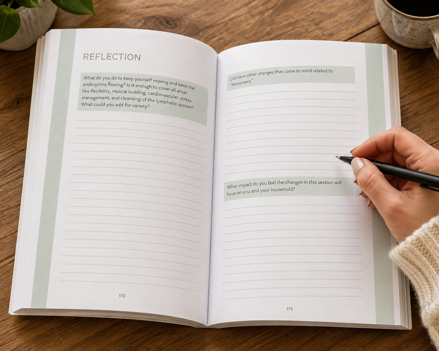 Open copy of Our Healing Home with reflection questions and space for written responses.