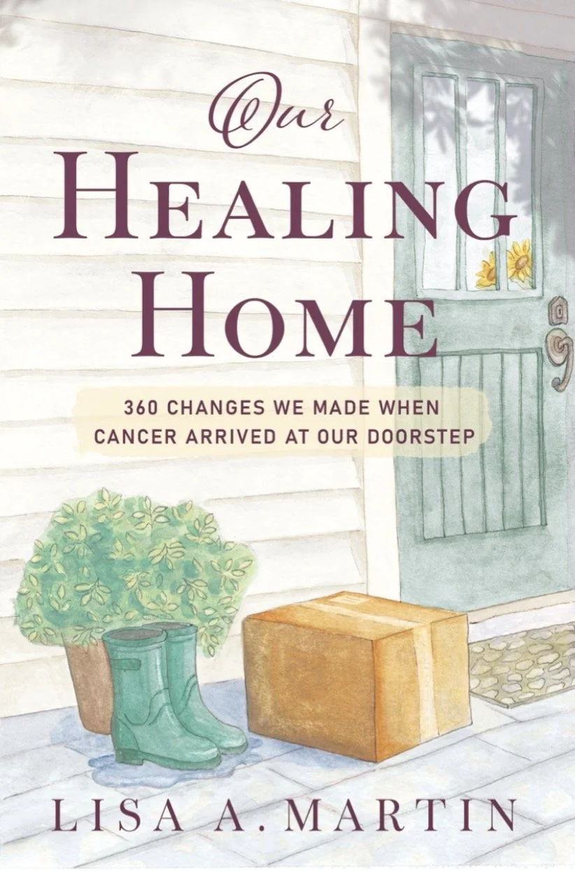 Our Healing Home book cover by Lisa A. Martin featuring a front porch, green boots, potted plant, and box by the door.