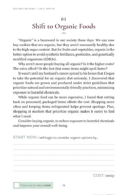 Interior page from Our Healing Home about shifting to organic foods and making healthier daily choices.