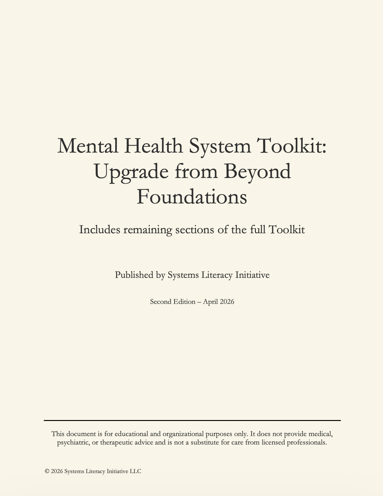 Mental Health System Toolkit: Upgrade from Beyond Foundations