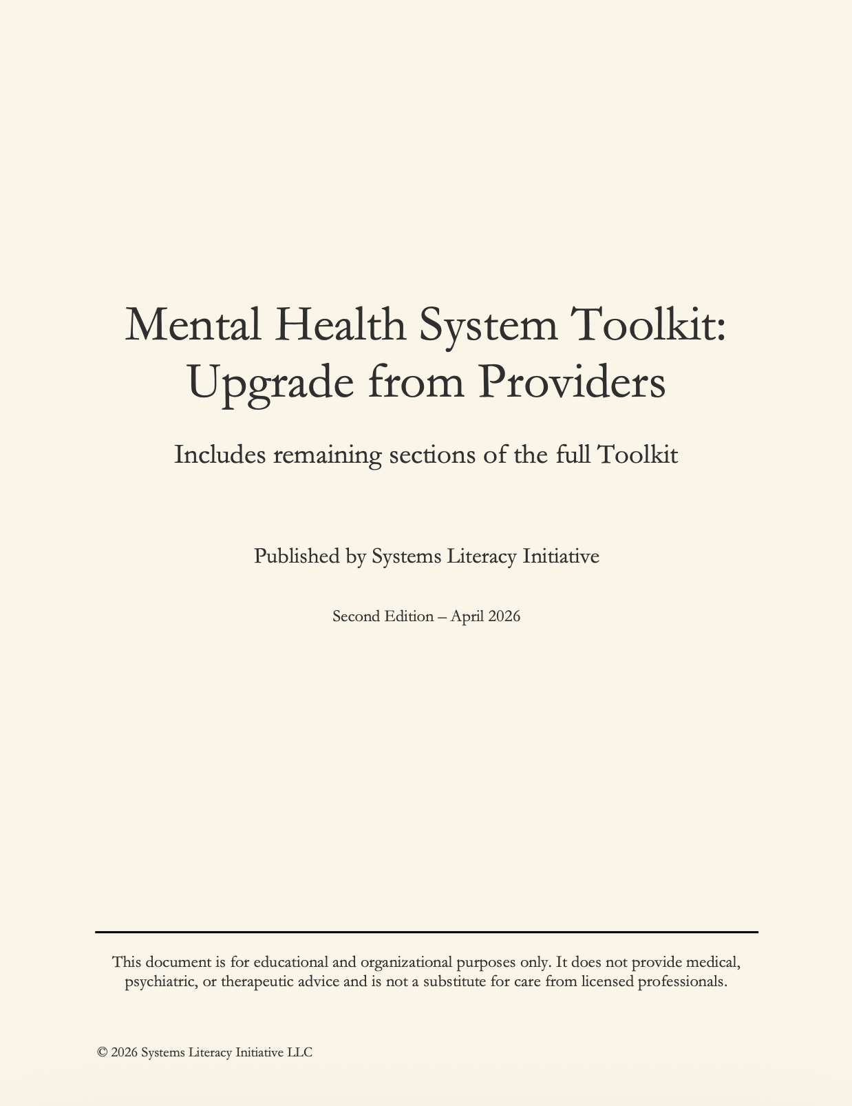 Mental Health System Toolkit: Upgrade from Providers