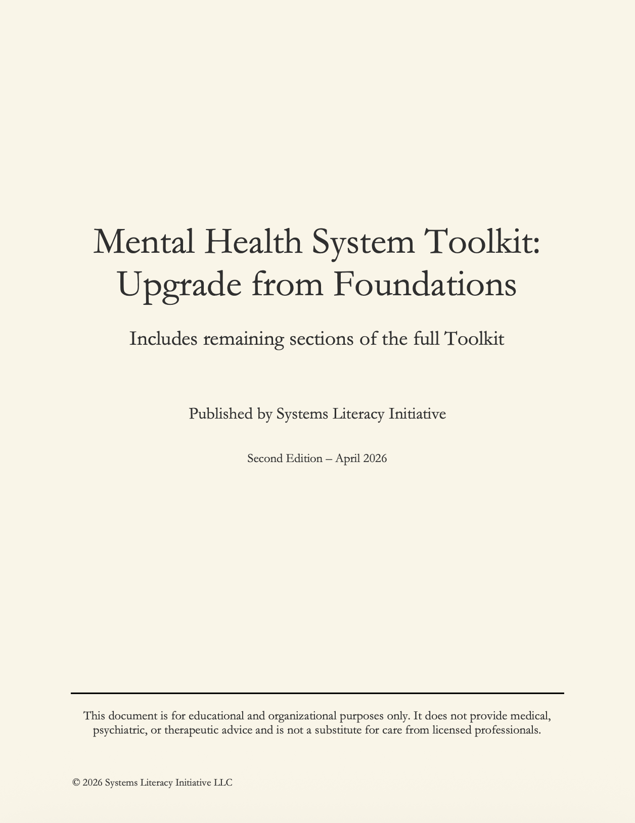 Mental Health System Toolkit: Upgrade from Foundations