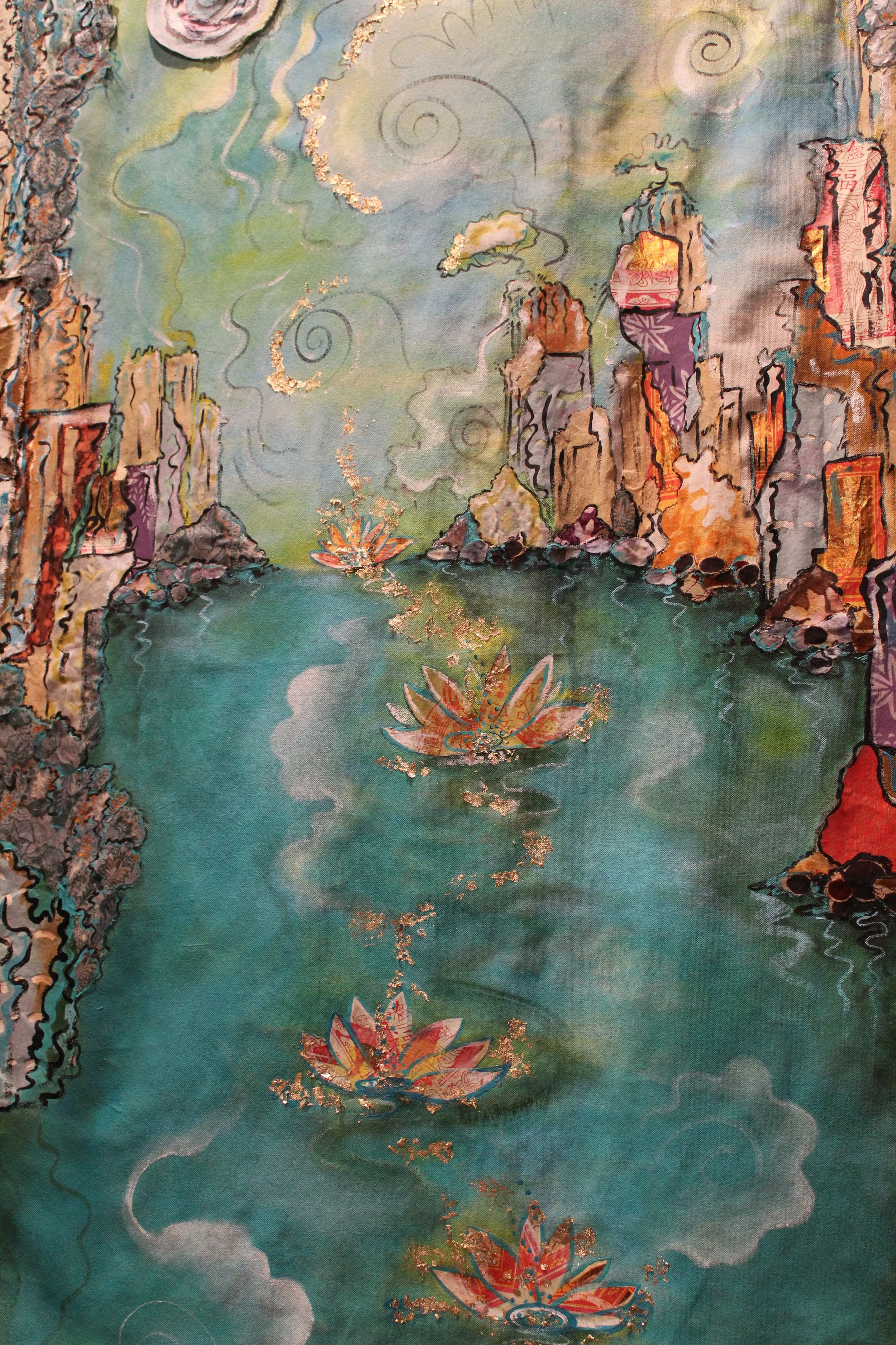 A painting depicting a water scene with floating lotus flowers and dramatic cliffs on each side. The sky contains swirling clouds with gold accents.