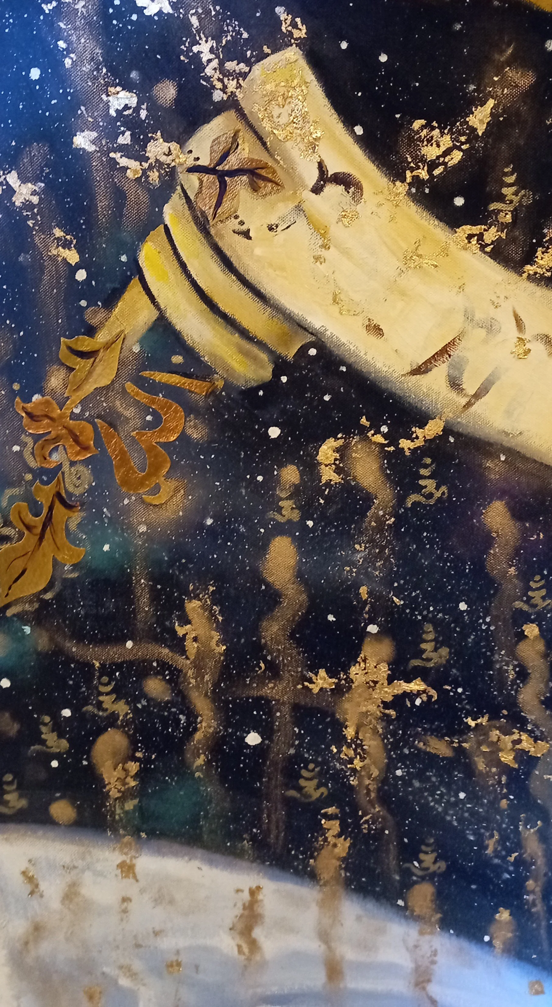 Painting of an open book with gold leaves and a branch with leaves against a dark starry background.