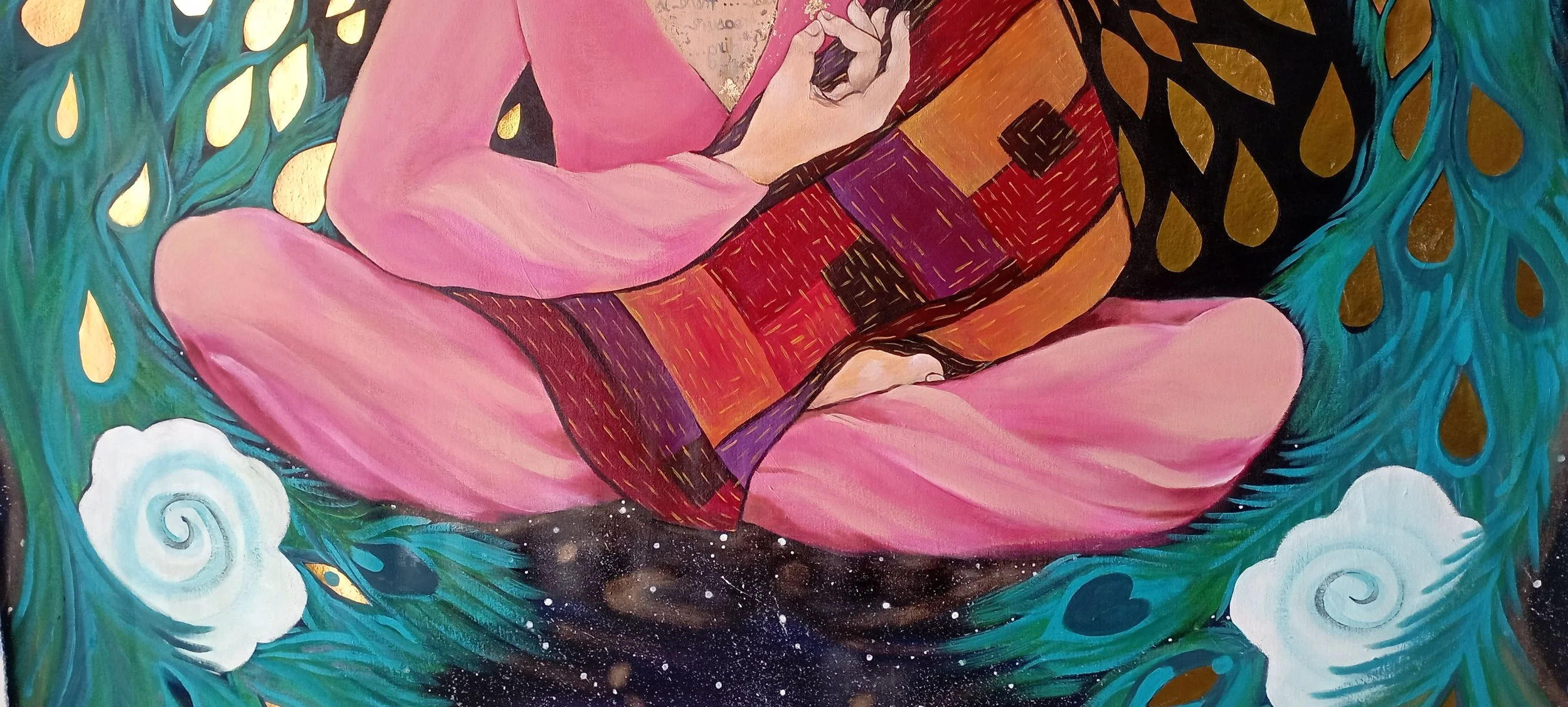 A colorful painting depicting a person sitting cross-legged, with a blanket draped over their lap, surrounded by swirling blue and green patterns, golden teardrops, white clouds, and a starry background.