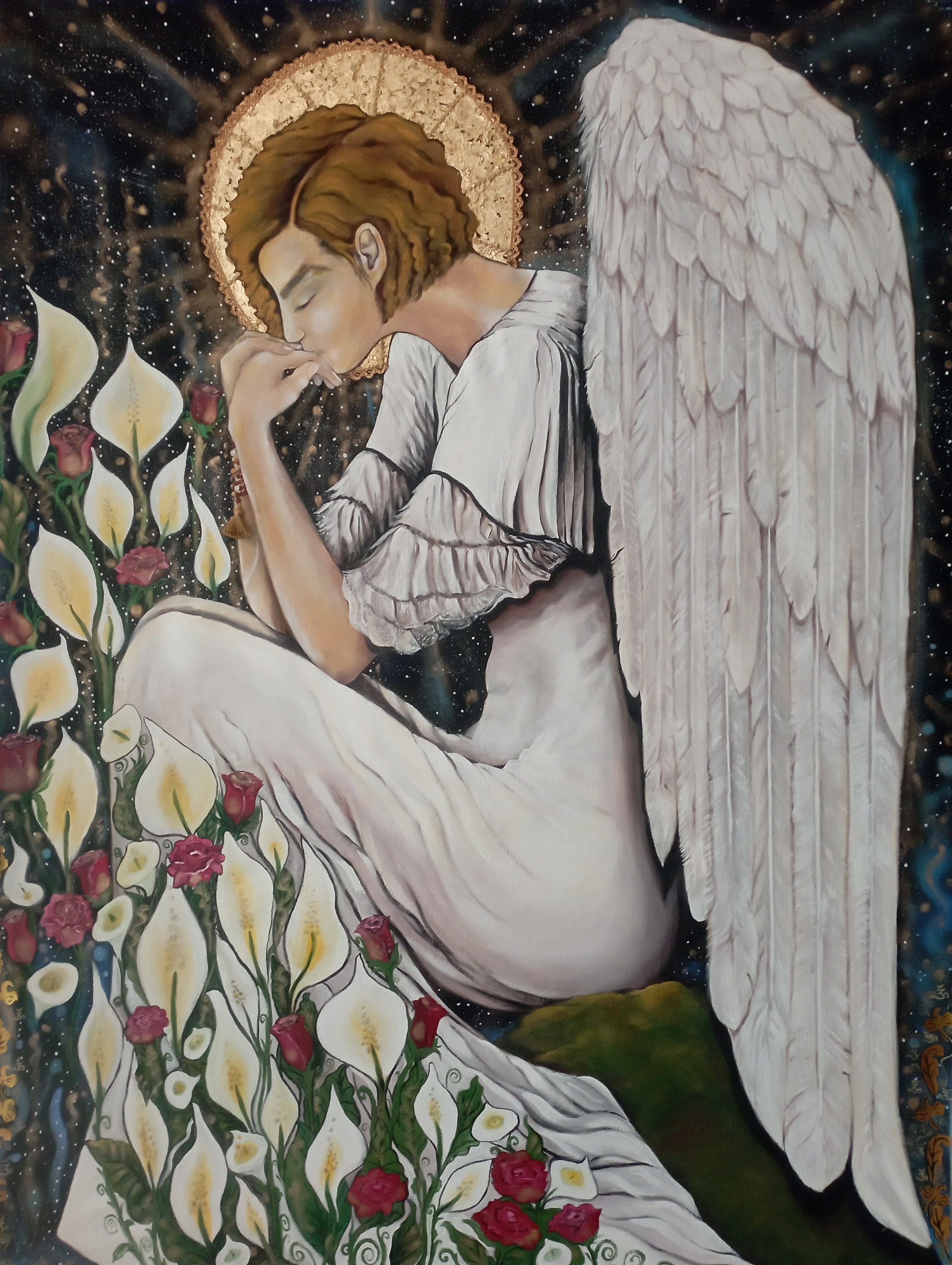 A painting of a female angel with long white wings, dressed in white, sitting in a peaceful pose with her head bowed and eyes closed, surrounded by flowers and stars.