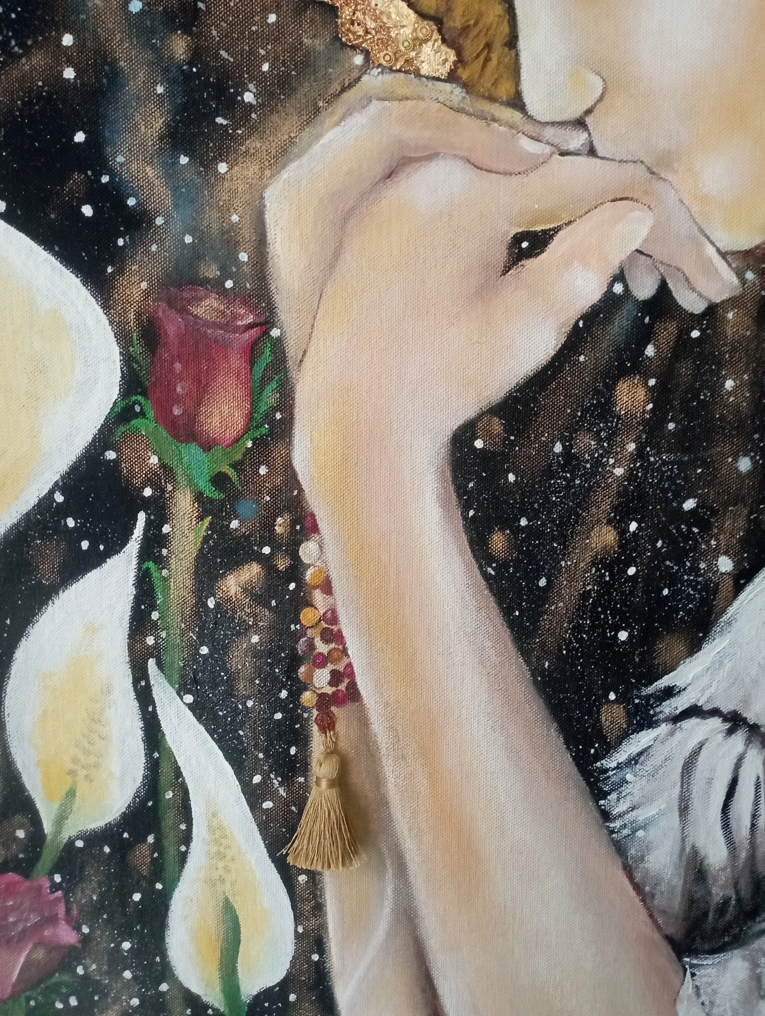 Close-up of a painting of a woman with a hand covering her face, featuring floral and star-like elements with a small tassel hanging from a necklace.