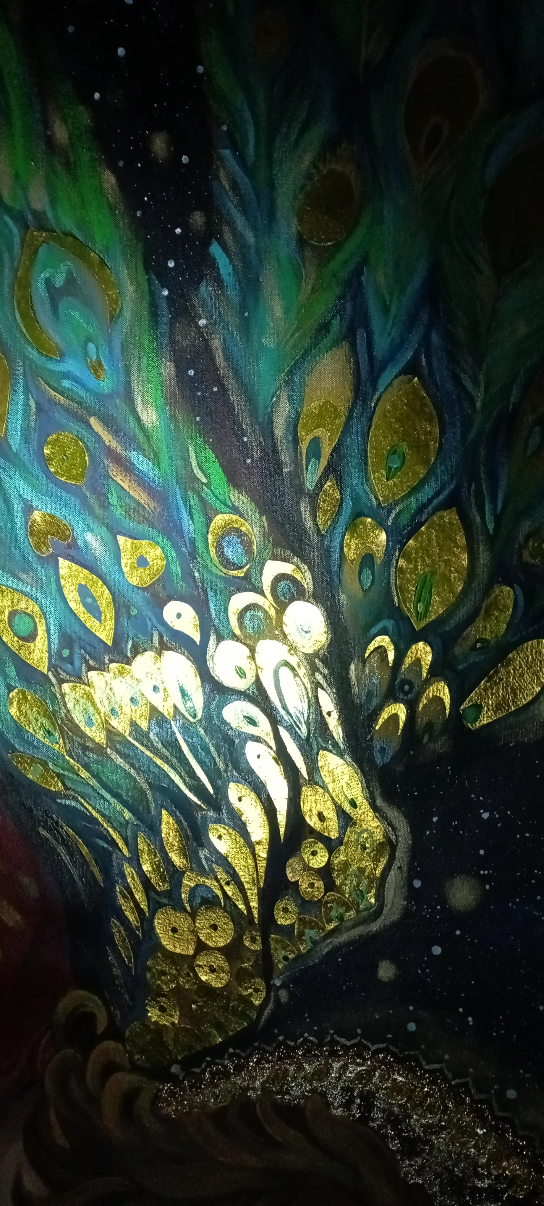 Abstract painting of a peacock's tail feathers with gold accents and a black background with white specks resembling stars.