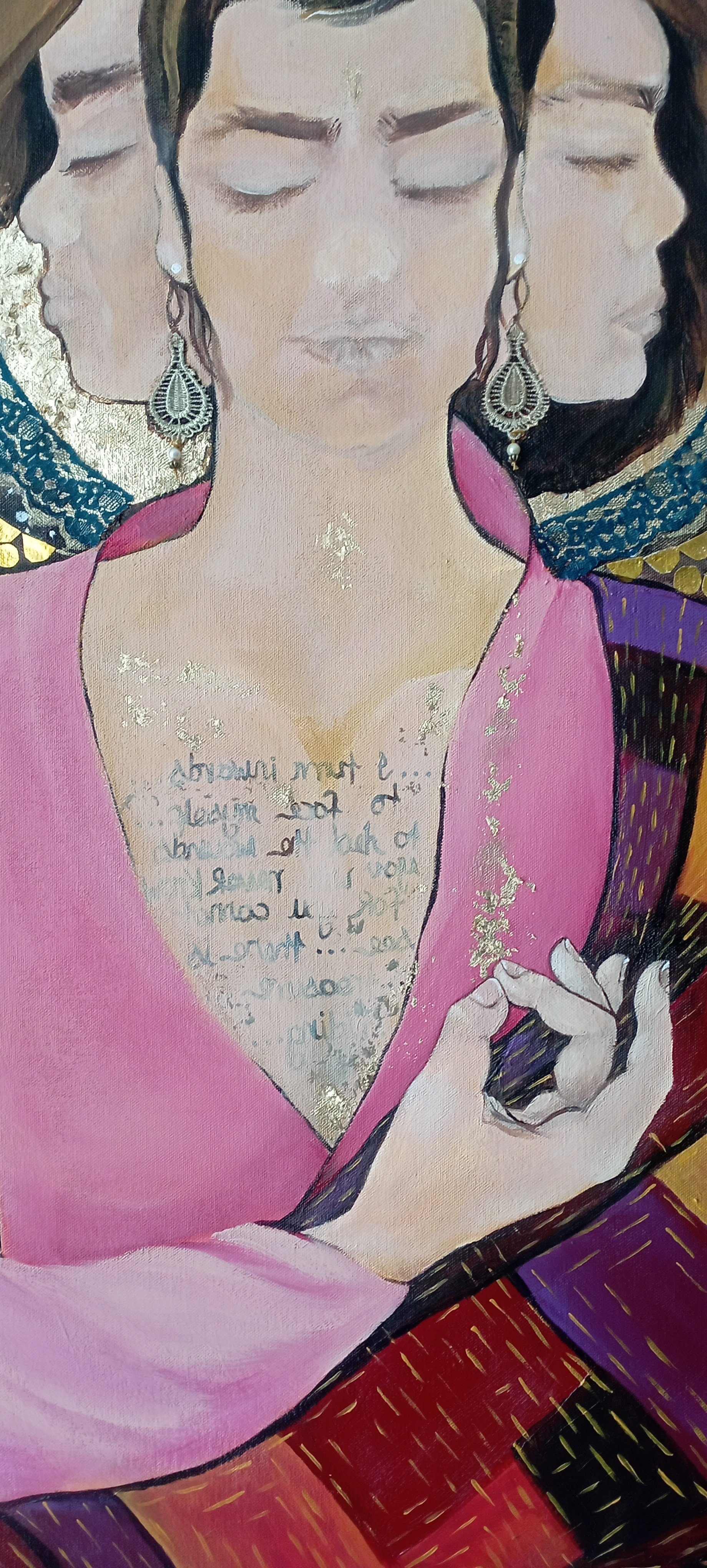 A painting of a woman with closed eyes, dark hair, and earrings, wearing a pink garment with a heart-shaped cutout in the chest area, displaying handwritten text underneath, with gold accents and a patterned background.