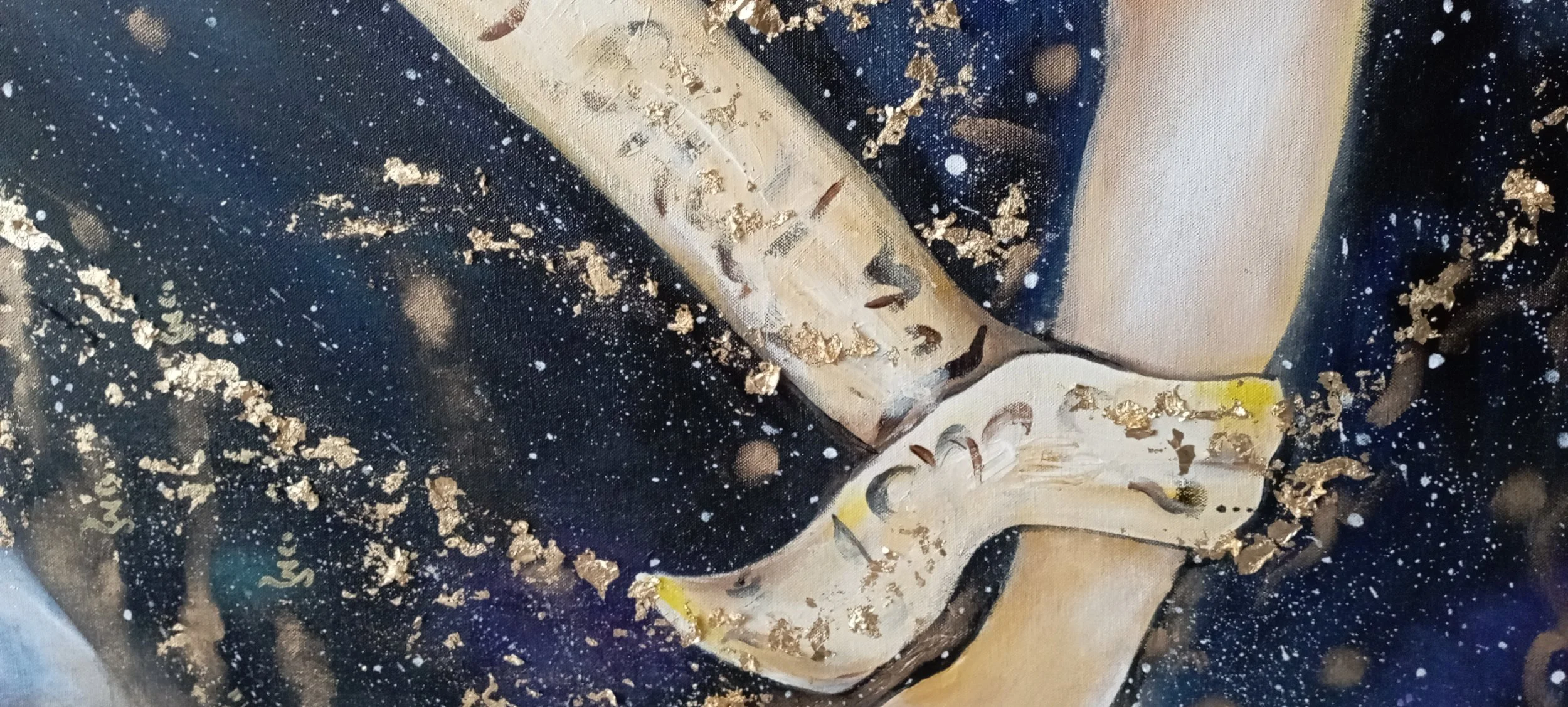 Close-up of a jewelry design featuring a gold and silver watch with gold accents on a black starry background with gold flecks.