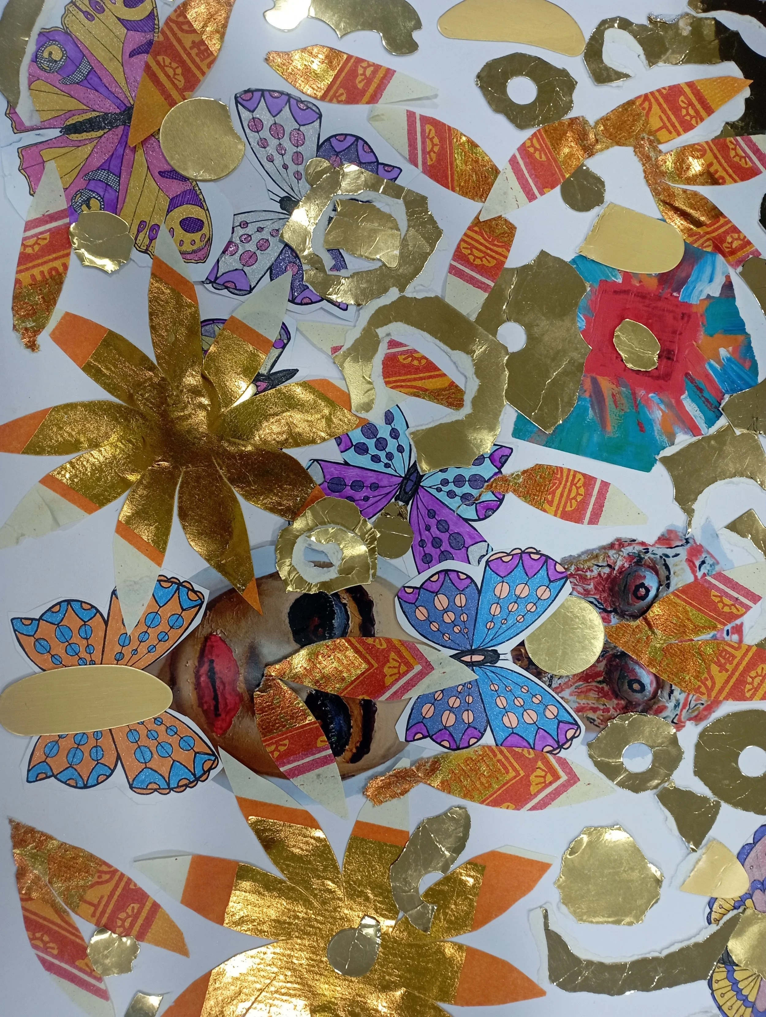Collage of various cut-out butterflies, flowers, and abstract shapes with gold foil accents and a partially visible face with bold red lipstick.