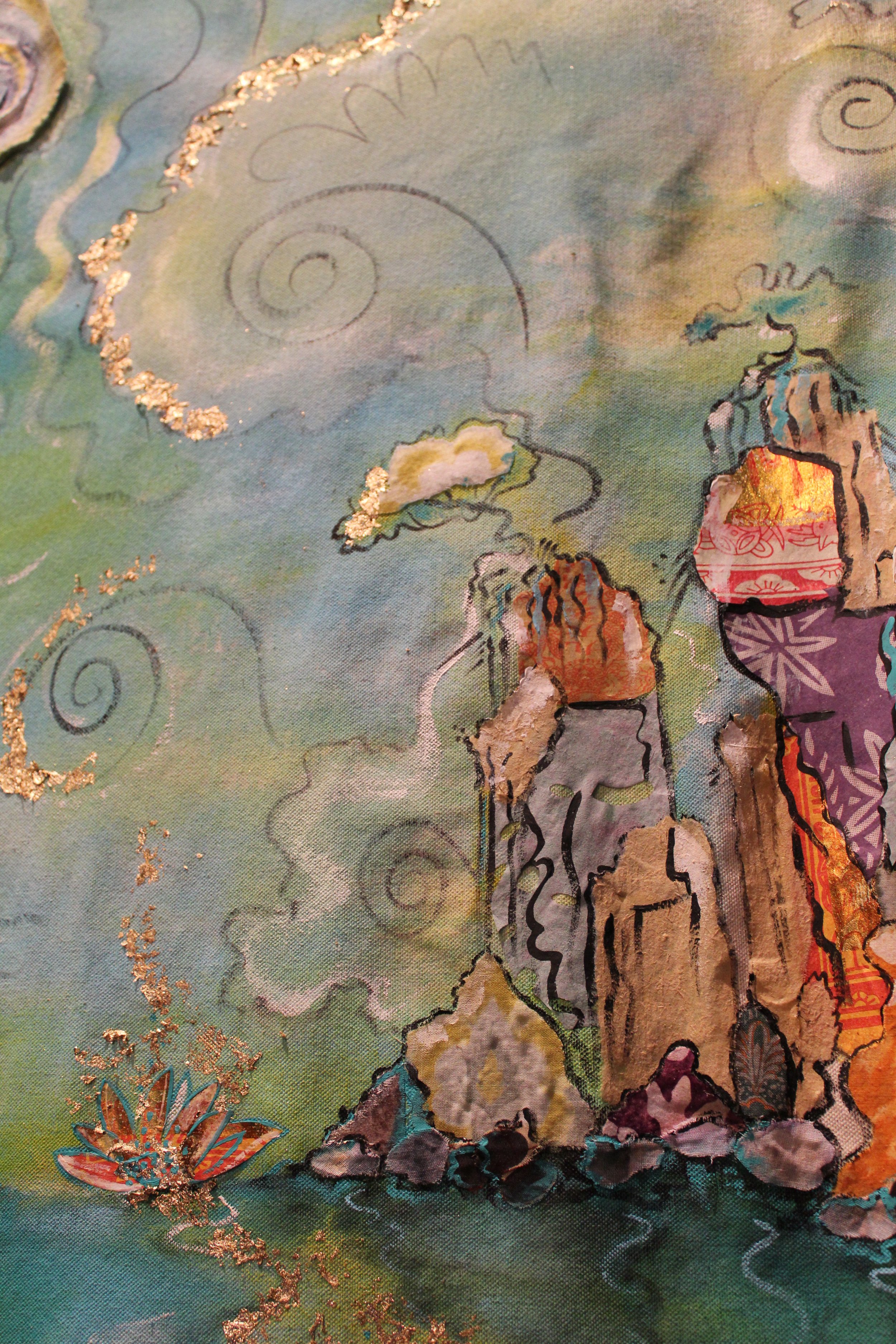 Abstract painting featuring swirling pastel clouds, rocky formations, and a lotus flower with gold details.