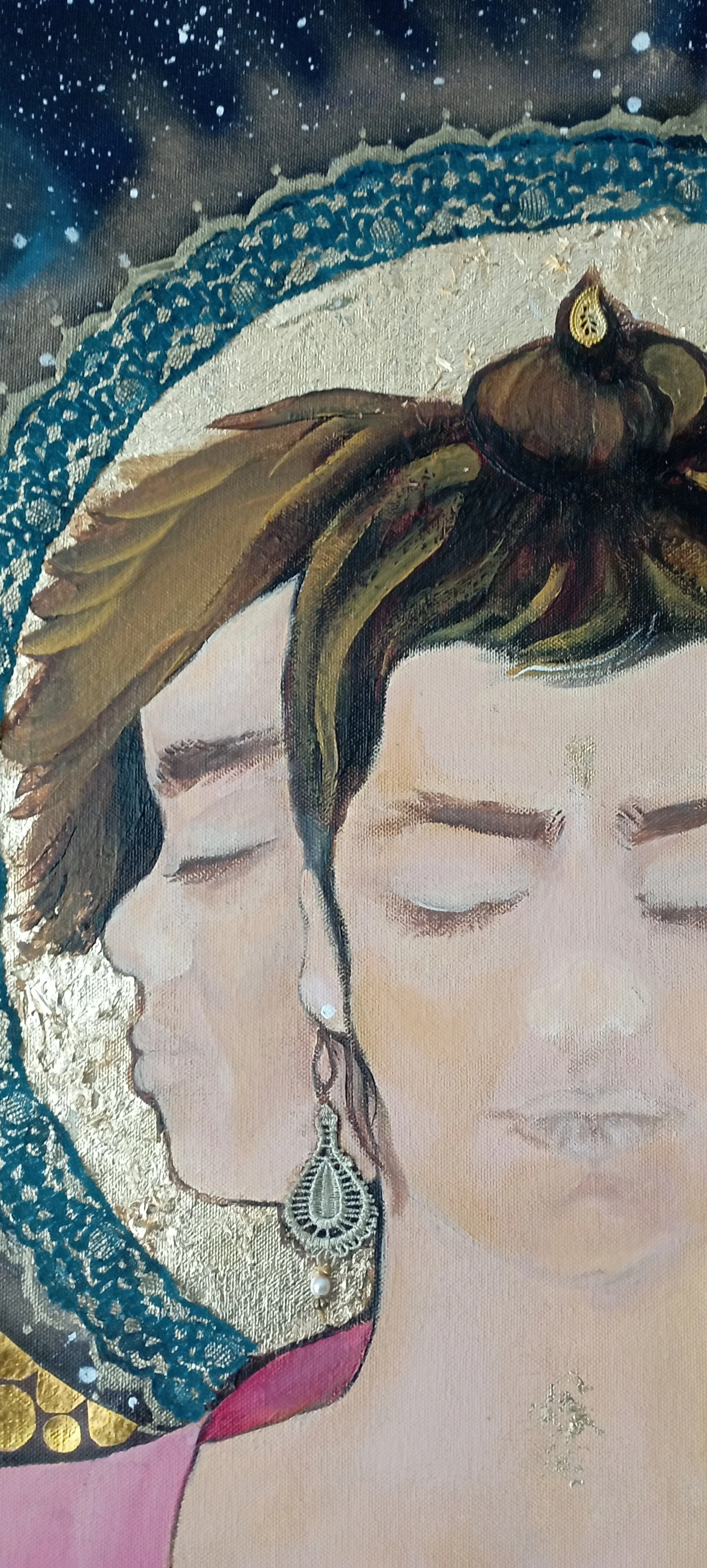 Close-up of a painted portrait of two women with their eyes closed, wearing earrings and head coverings with intricate patterns, surrounded by a starry background.