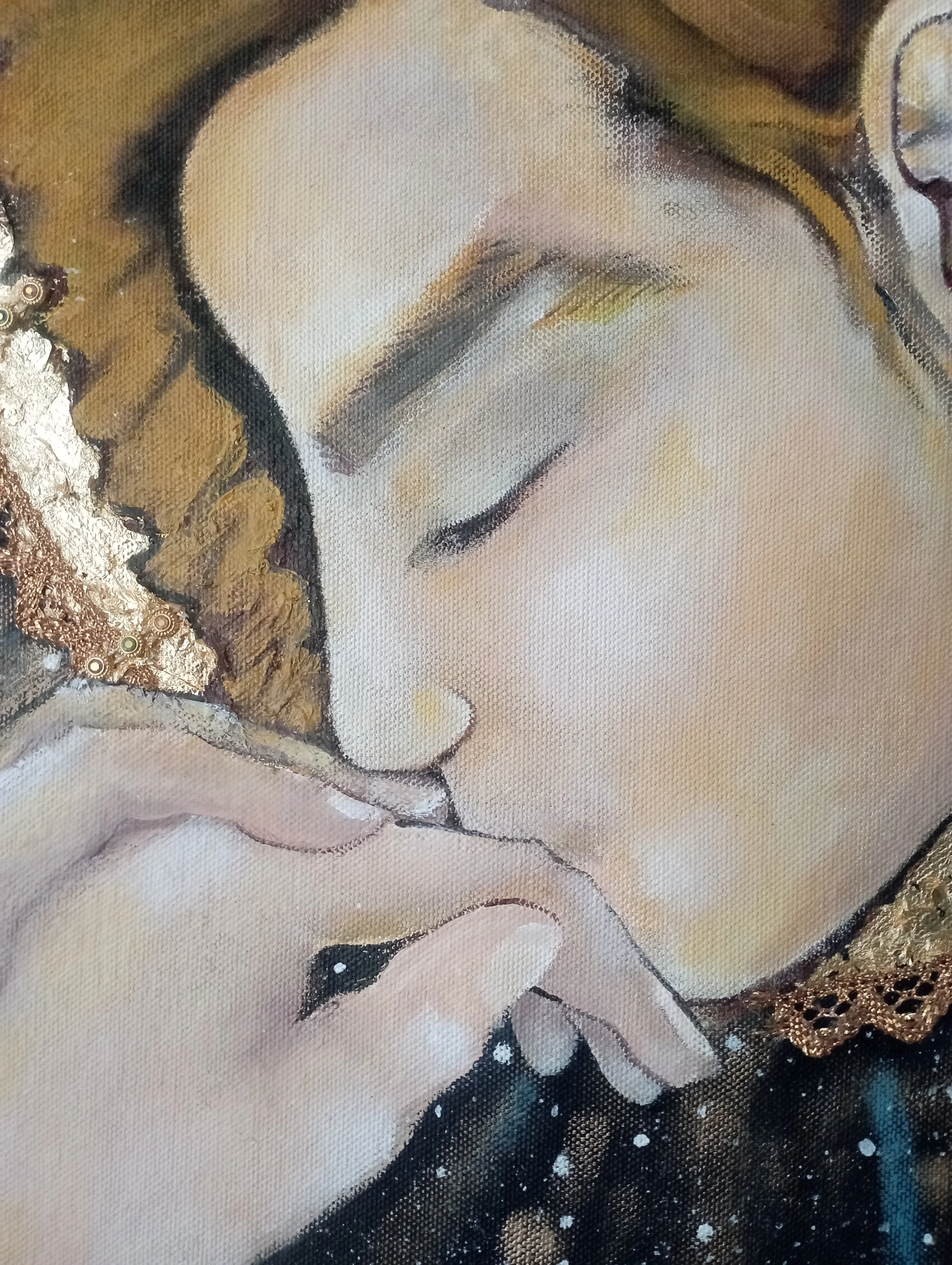 Close-up of a painting depicting a woman with closed eyes, gentle expression, and hand near her face, adorned with a glittering gold and black garment.