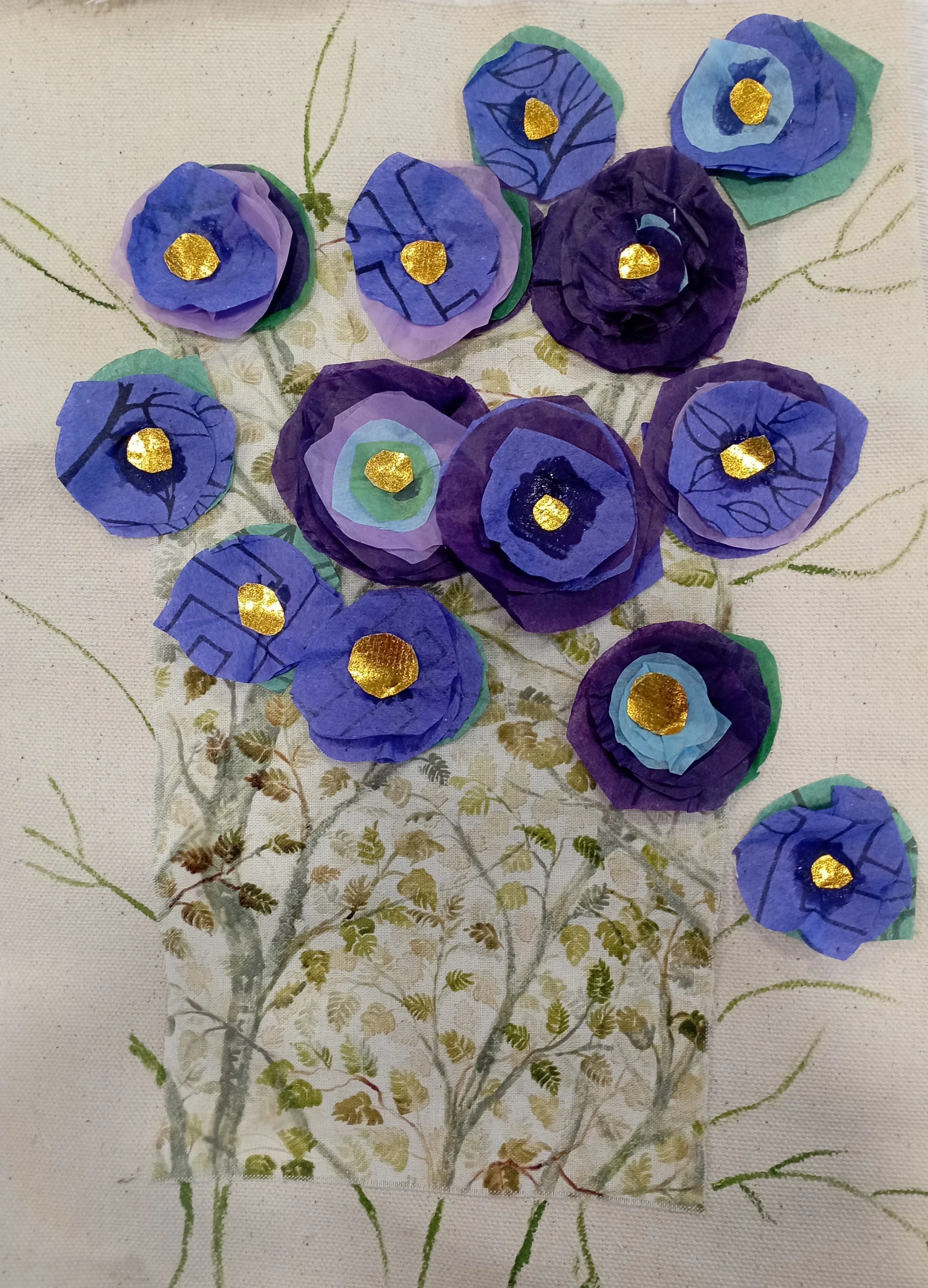 A mixed media artwork of a bouquet of purple, blue, and violet paper flowers with gold centers, arranged over a background of a hand-drawn and painted plant with delicate branches and small leaves.