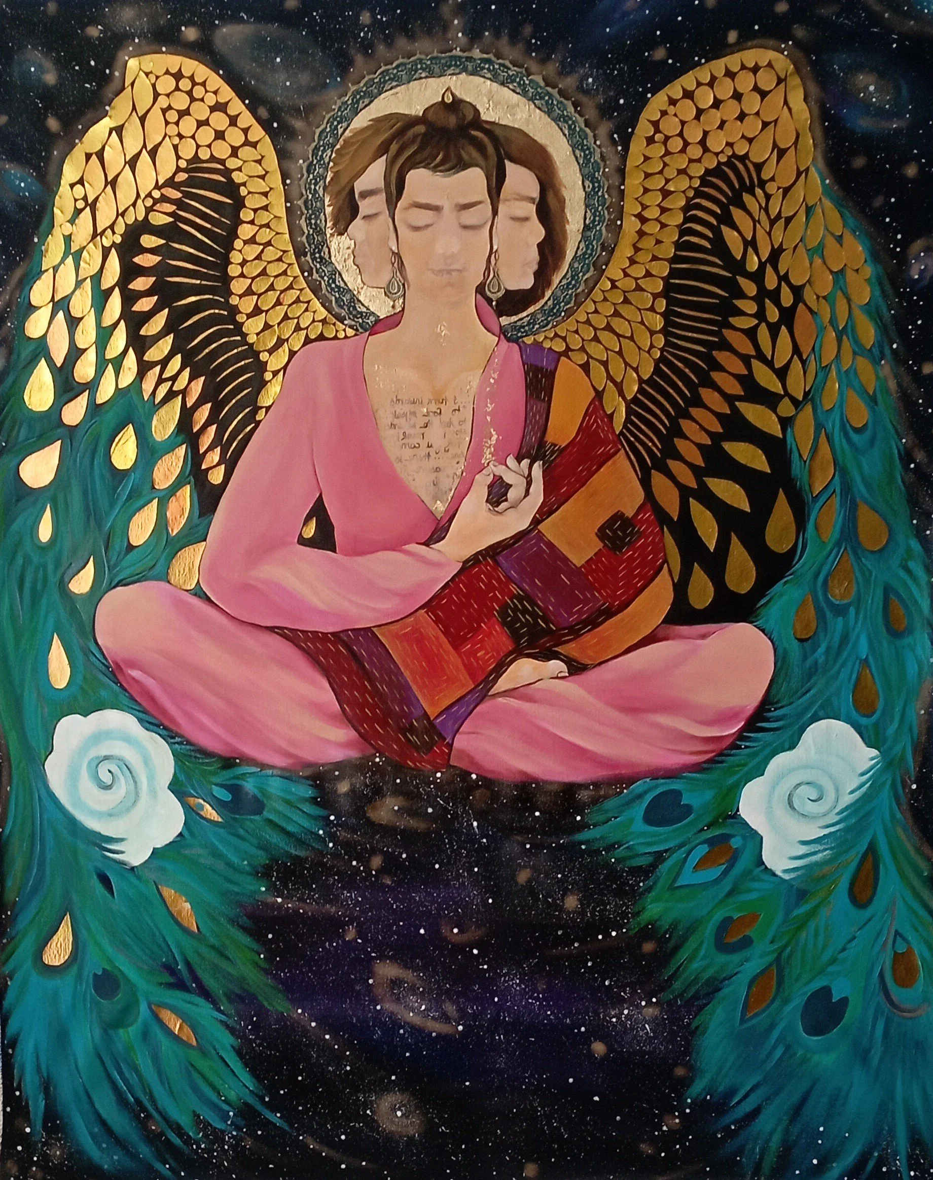 A colorful painting of an angel with gold and black wings, pink clothing, and a serene expression, seated cross-legged against a starry cosmic background with swirling clouds and patterned leaves.