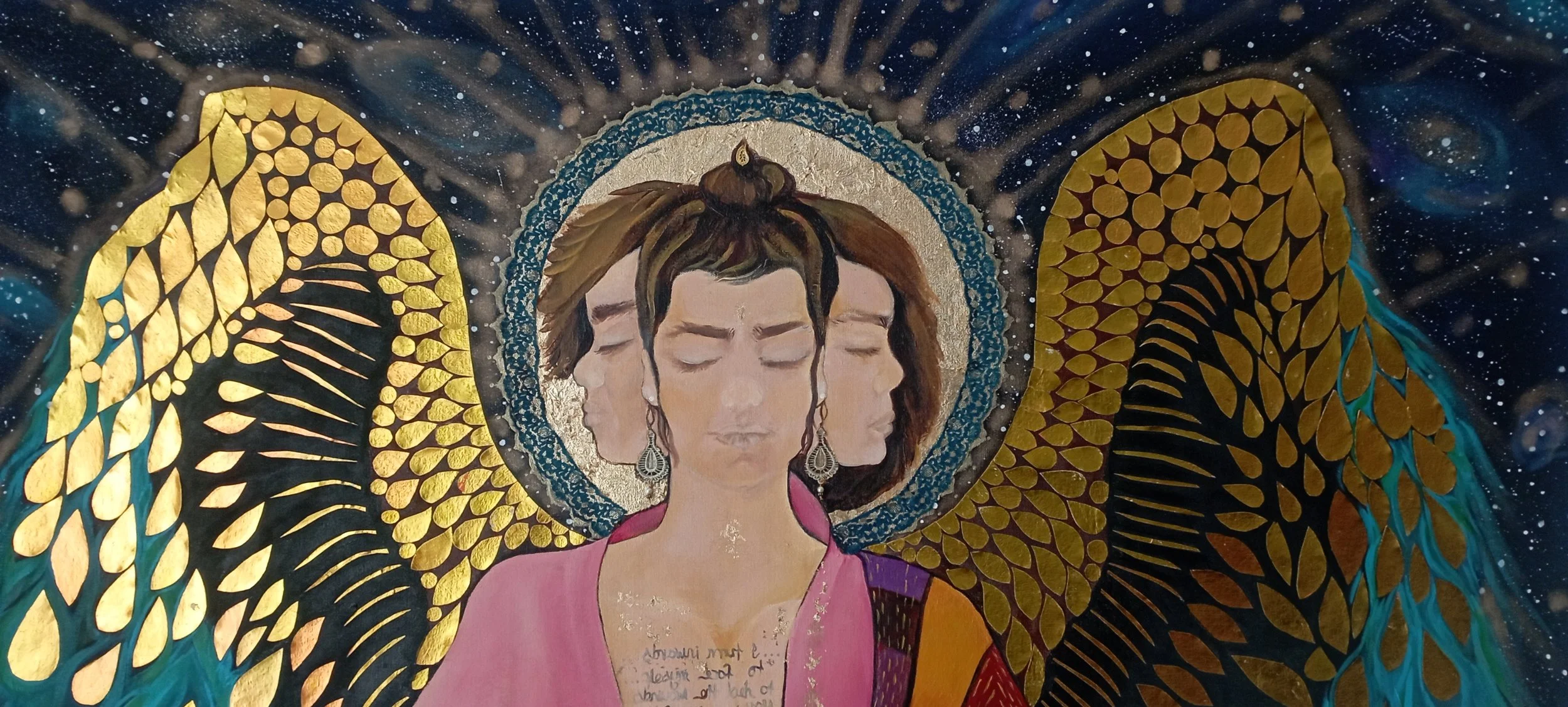 A painting of a woman with multiple faces, wearing jewelry and a pink garment, with large gold and black wings, and a cosmic background with stars.