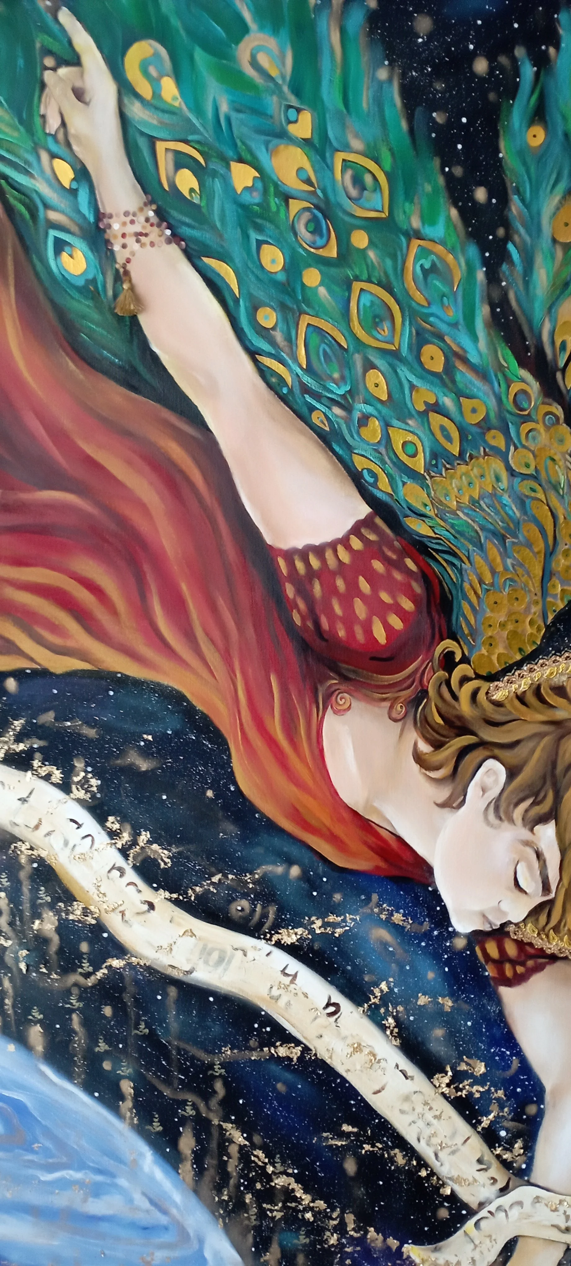 A fantasy-style painting of a woman with long, flowing hair and a white dress, lying on a starry night sky with gold accents. She appears to be floating or dreaming amidst swirling colors and stars.