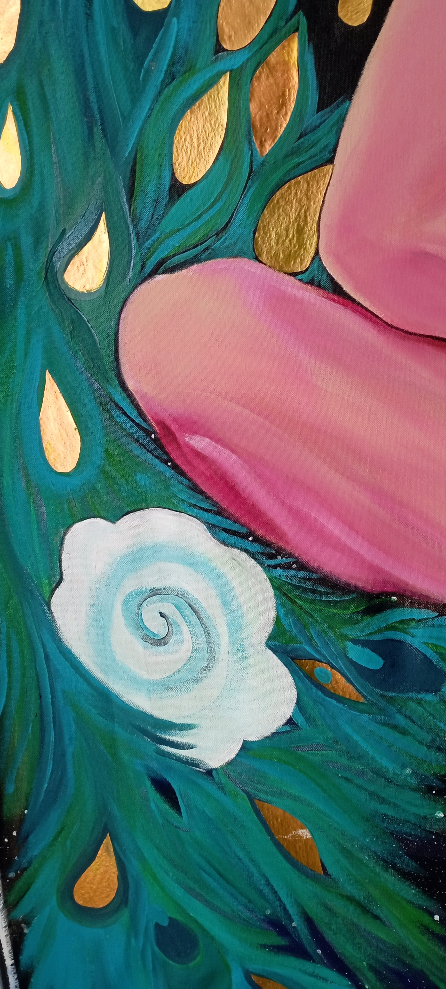 Close-up of an abstract painting featuring flowing green and blue shapes, a large pink petal, a white spiral shell, and gold accents.