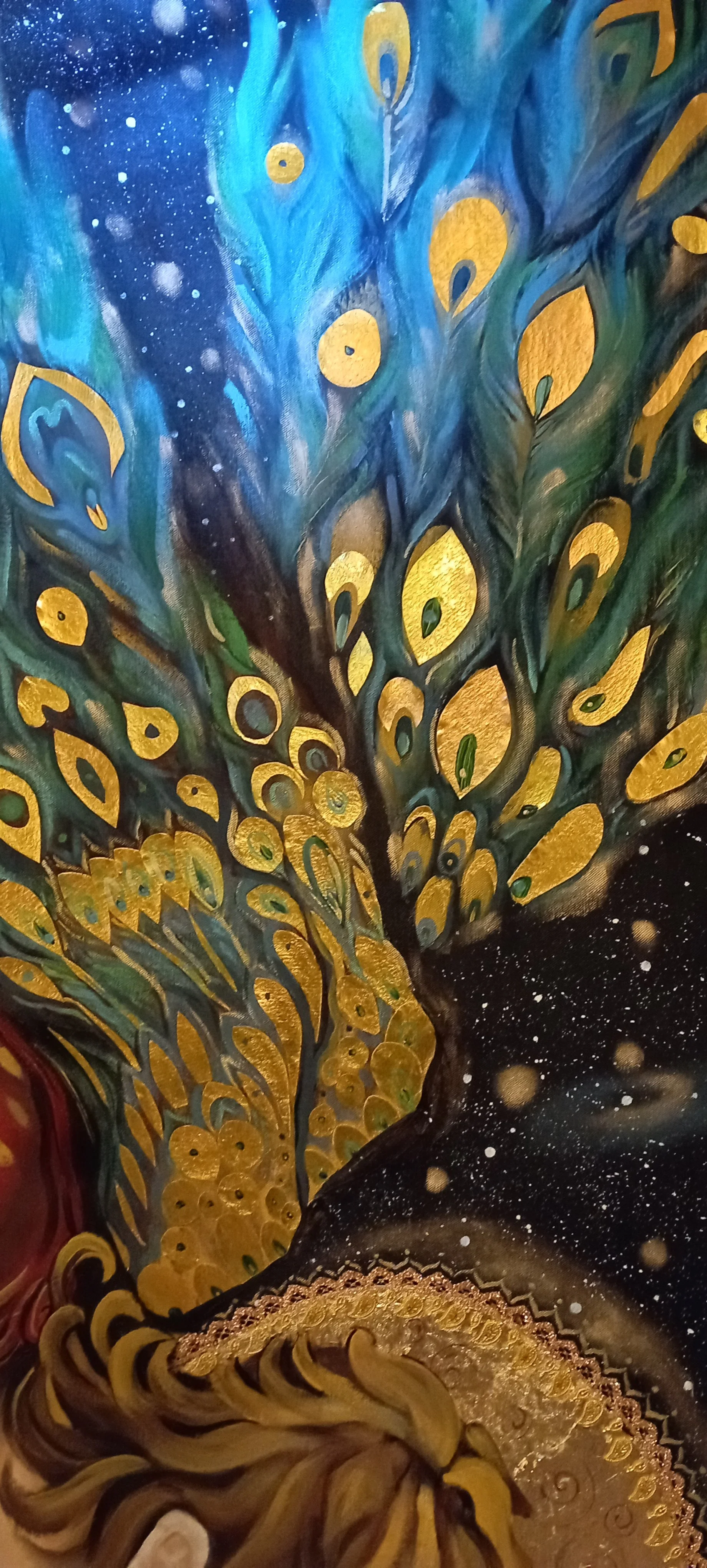 A colorful abstract painting featuring swirling patterns with gold accents, shades of blue, black, and white, resembling a cosmic or celestial scene.