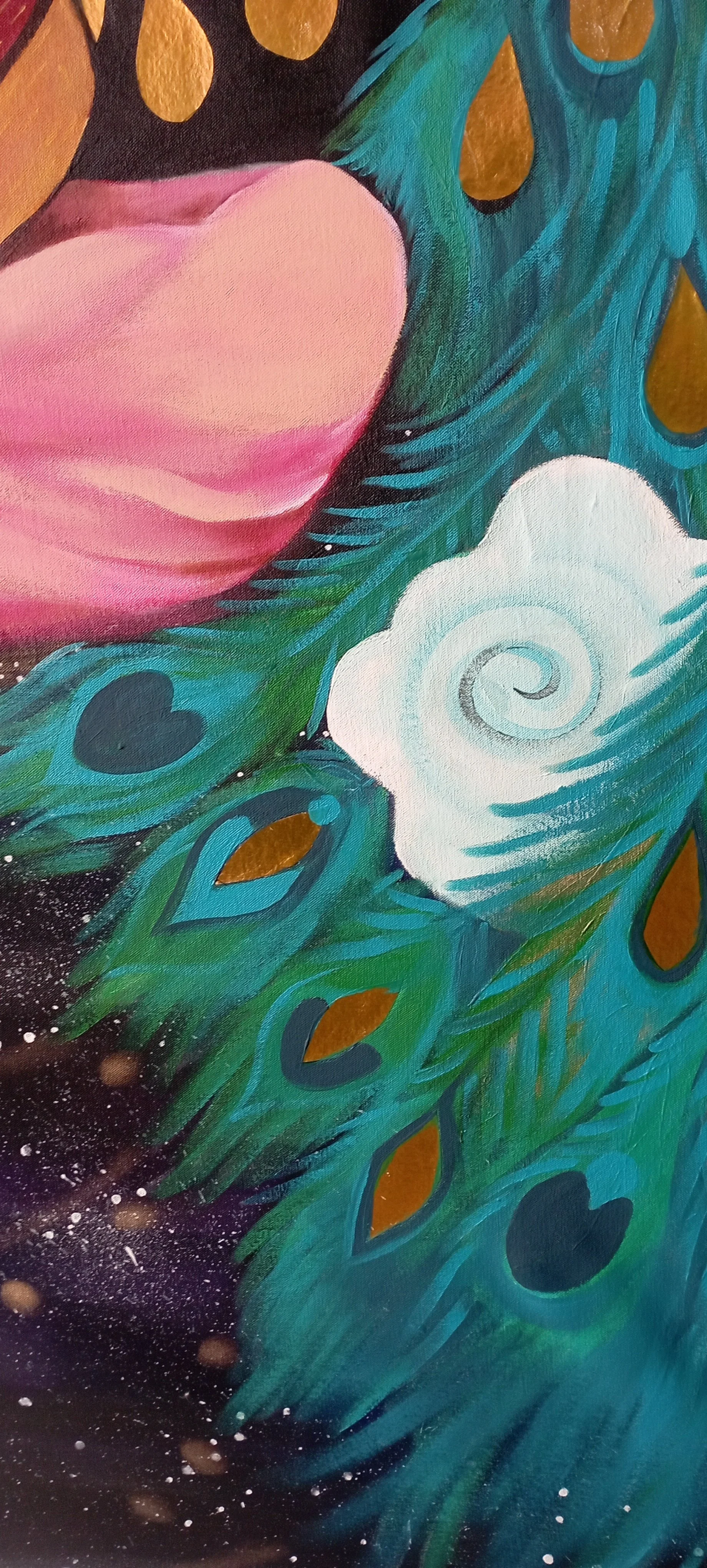 A colorful painting of a peacock's feathers, featuring eye-like patterns in blue, green, orange, and black, with a pink petal or feather and a white spiral shape.