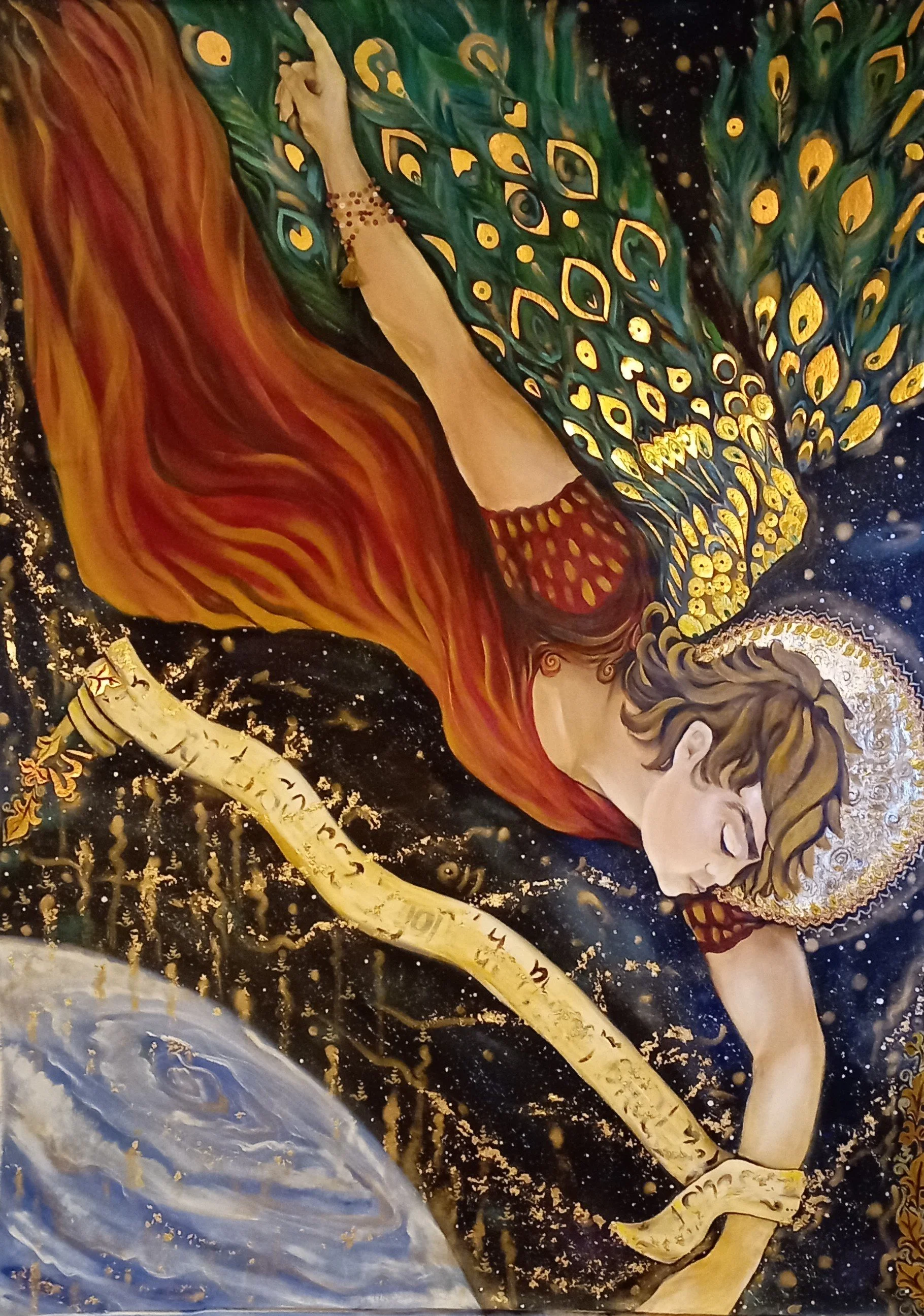 A artistic depiction of a person with a halo or crown, reaching out in space, surrounded by celestial elements, with colorful flowing hair and a patterned red and gold attire.