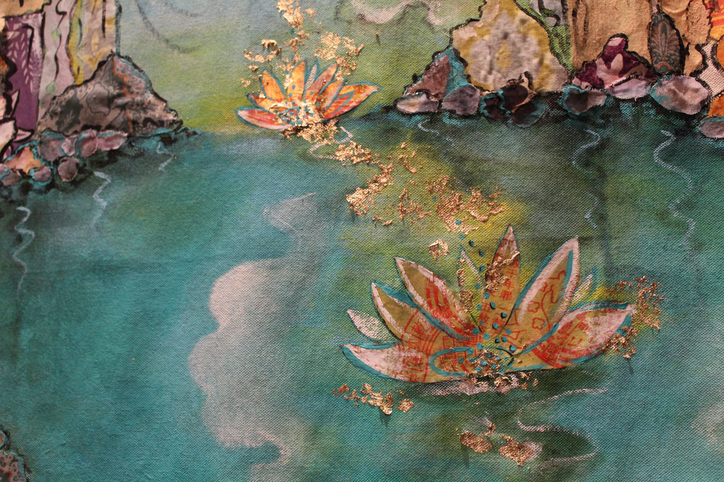 A colorful painting of a pond with water lilies, surrounded by rocks and lush greenery, with a pink and gold water lily in the foreground.