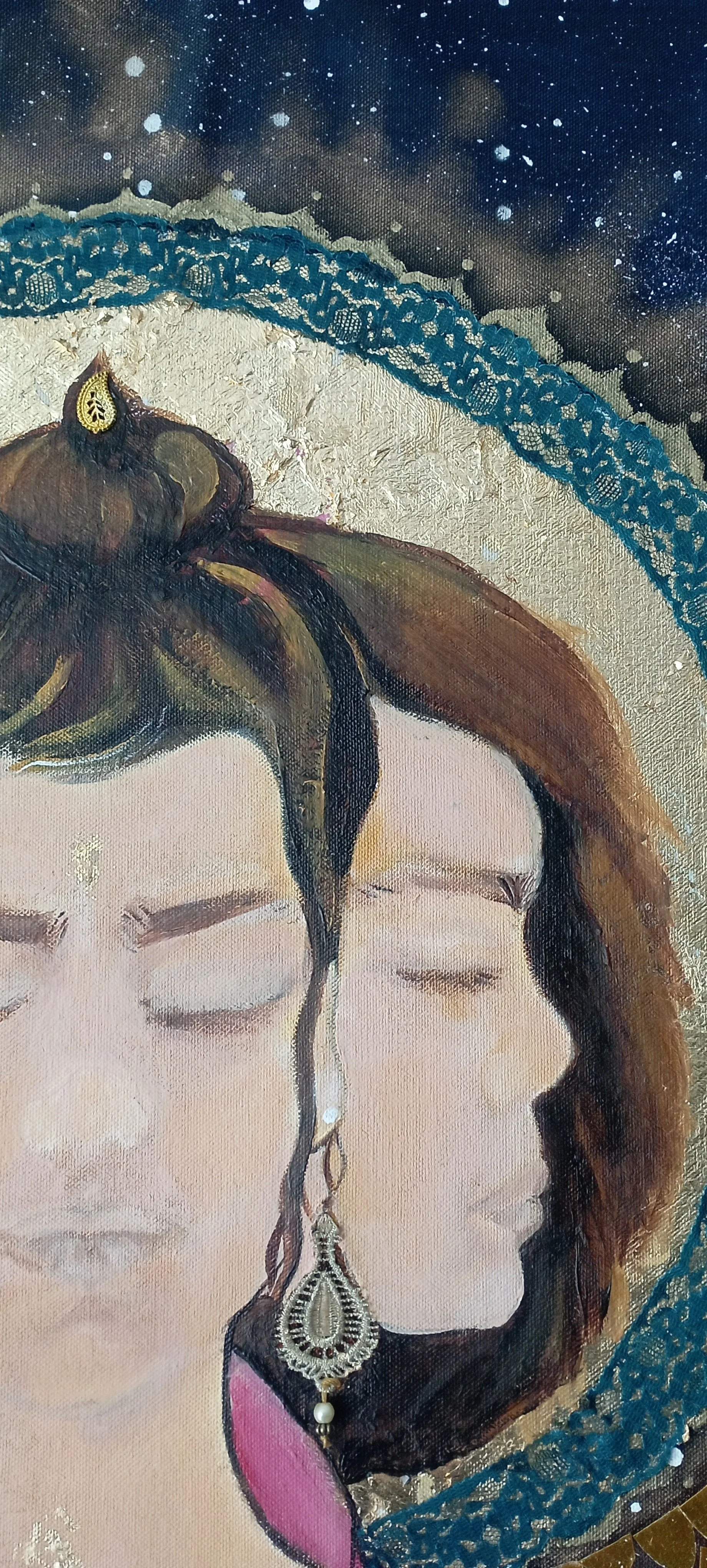 Close-up of a painting showing two women with closed eyes, sharing a single face, adorned with jewelry and a decorative background with starry night sky and intricate patterns.