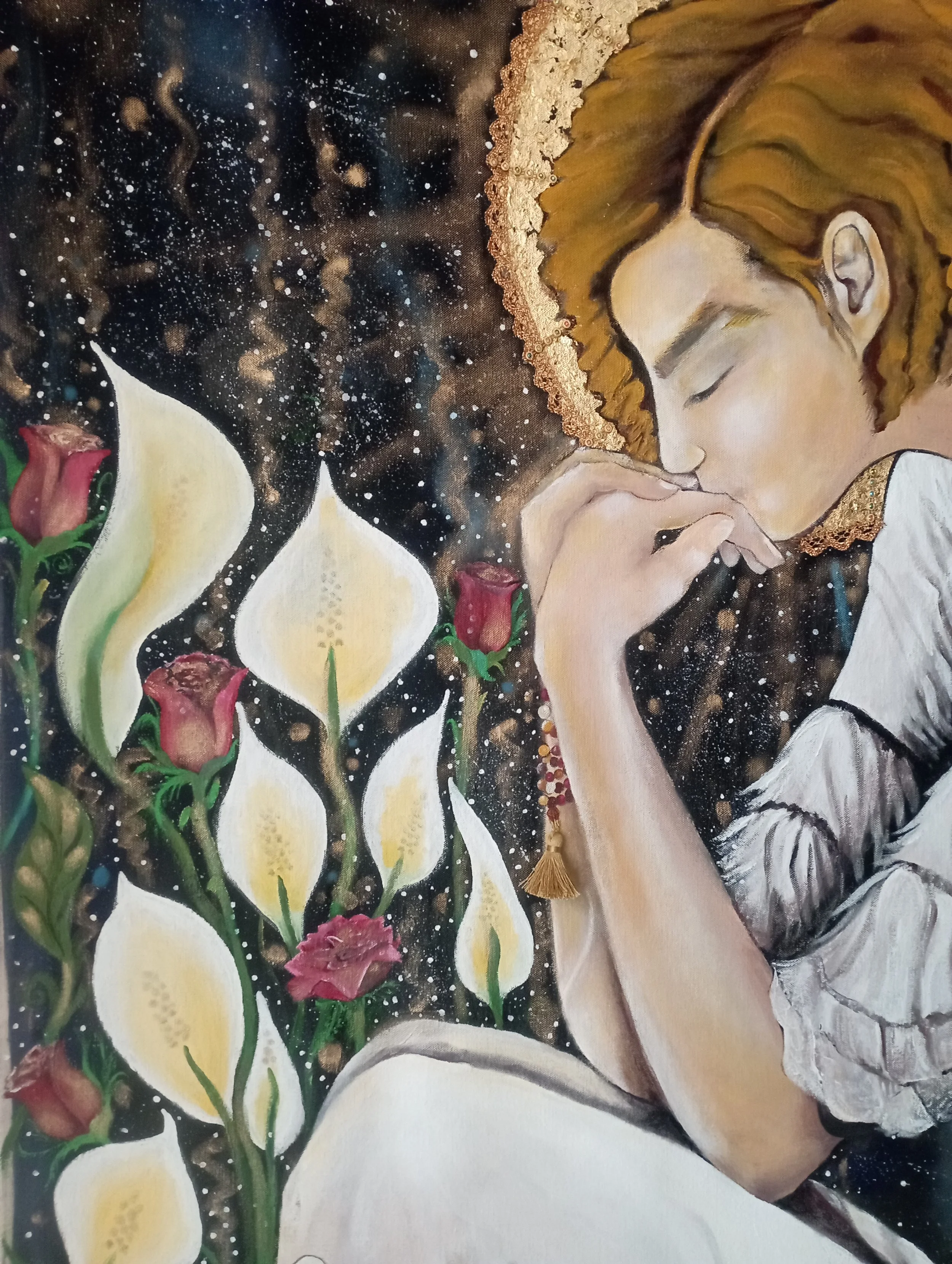 A painting of a woman with her eyes closed, wearing a white dress and a wide-brimmed hat, with roses, calla lilies, and cosmic-like stars surrounding her.