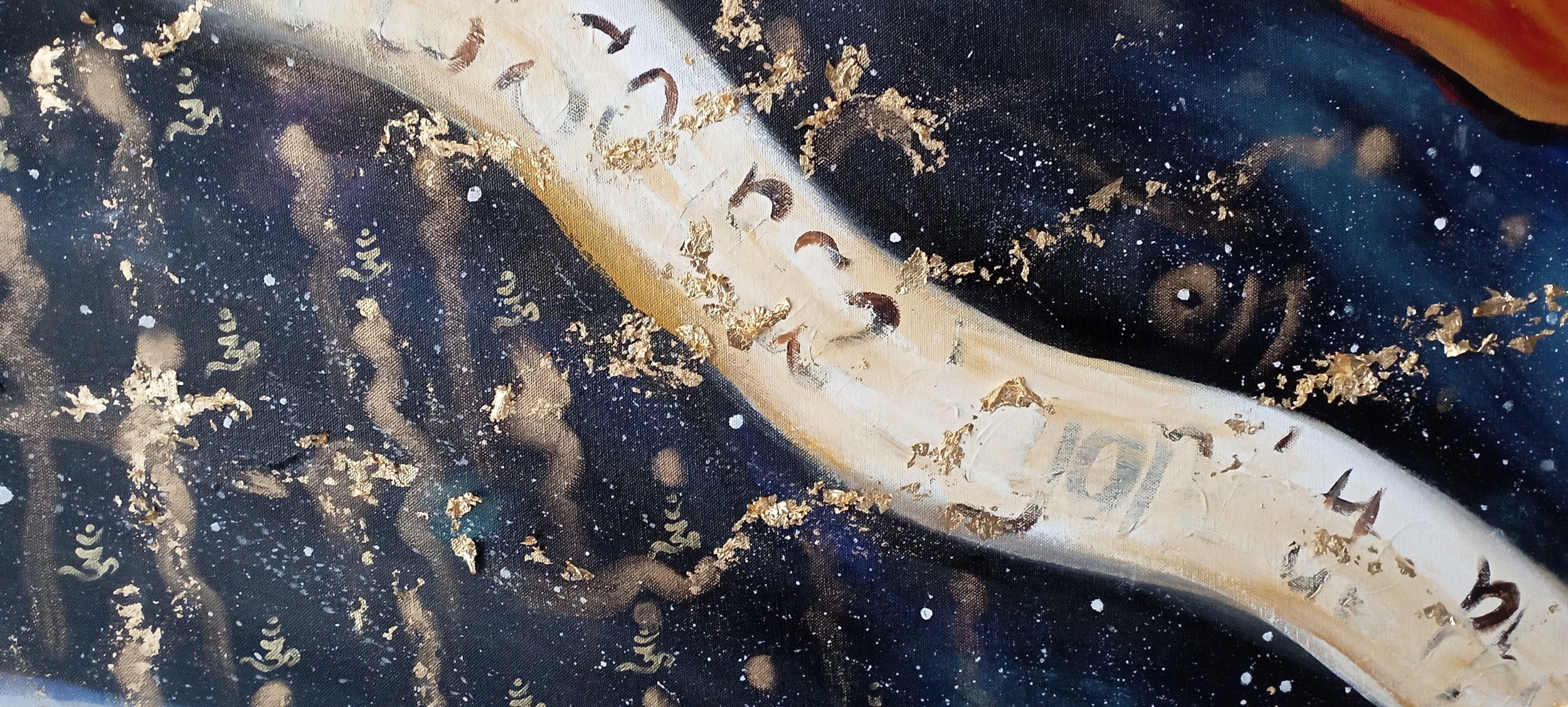 Close-up of a painted canvas depicting a cosmic scene with stars, dark space, and a white, gold, and black swirling pattern, with hints of text and gold accents.