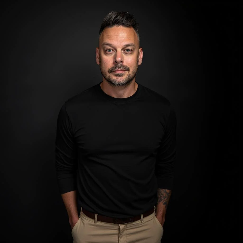 A man with short dark hair and a beard, wearing a black long-sleeve shirt and beige pants, standing against a black background.
