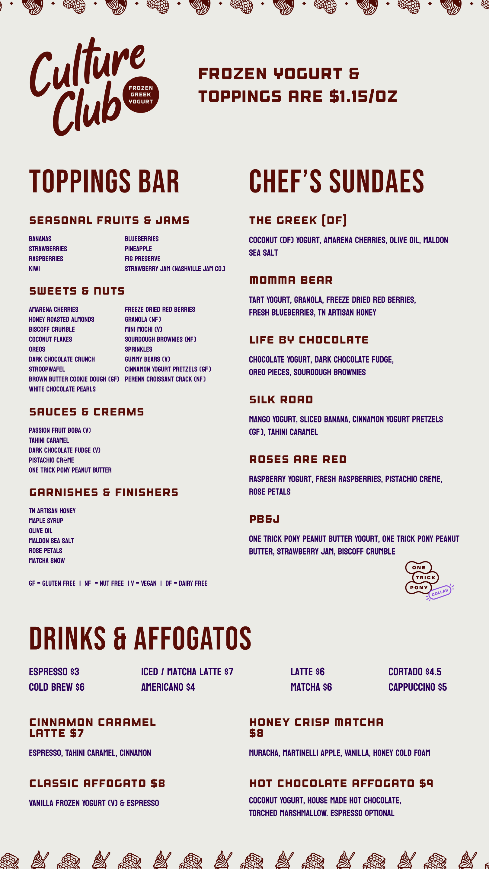 Menu board for a frozen yogurt shop called Culture Club, featuring various toppings, sauces, garnishes, finishing touches, drinks, and affogatos. Prices and options for toppings, sundae flavors, and affogatos are listed.