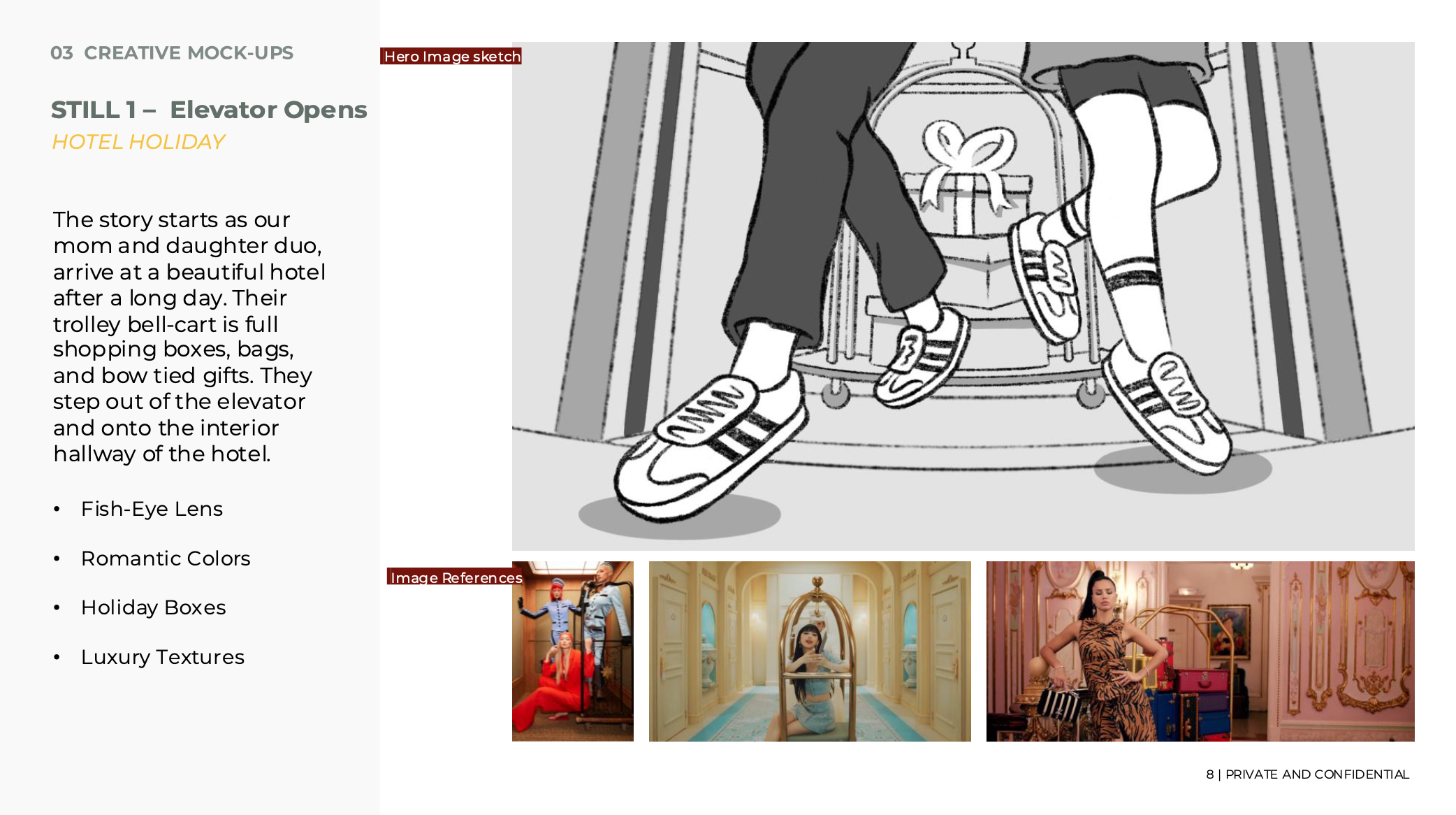 Line drawing of two people, a woman and a child, exiting an elevator with shopping bags and a gift box, in a hotel hallway.