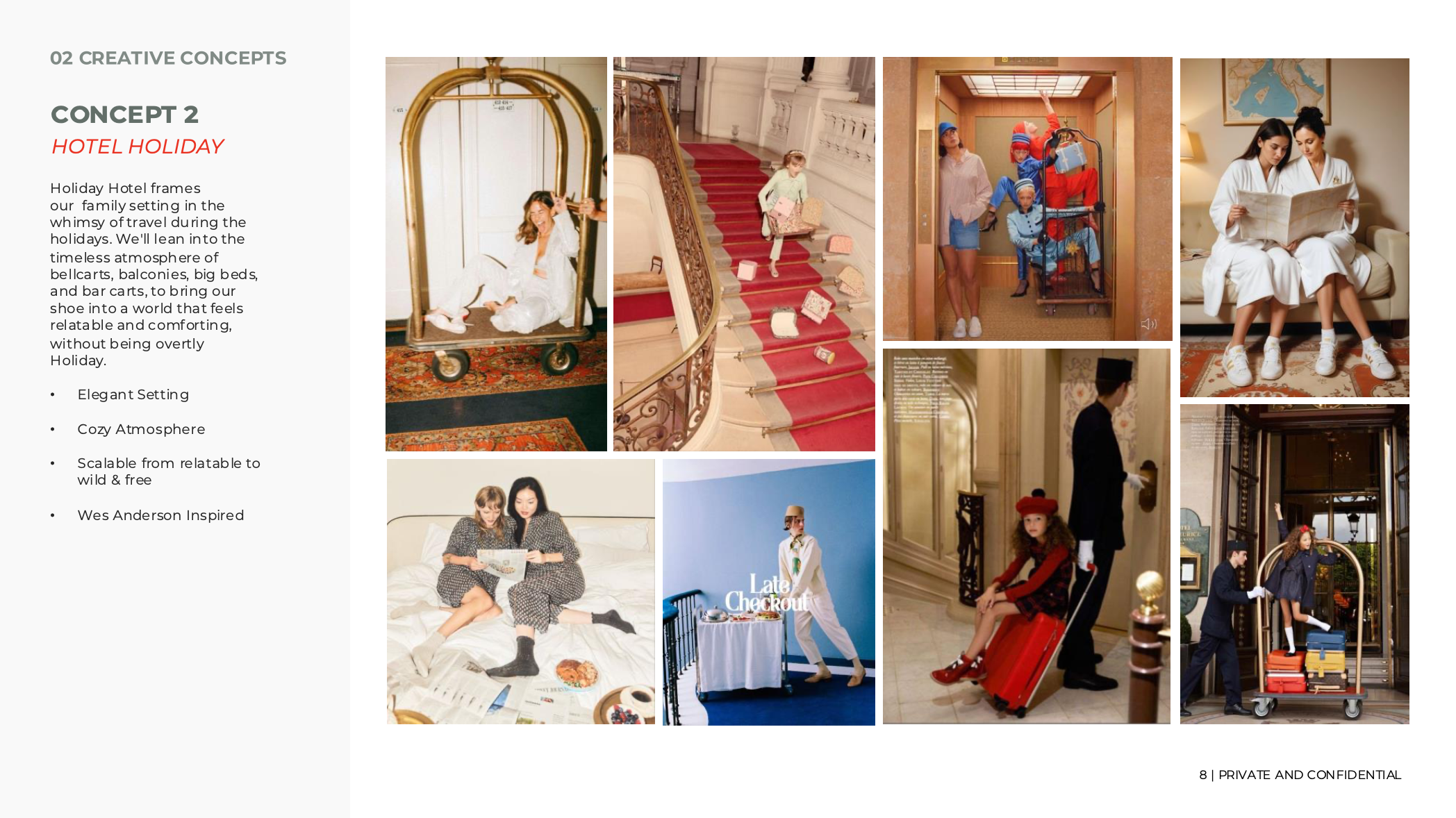 Collage of hotel holiday scenes including women at reception, children playing, guests in luxurious hotel corridors, and a hotel lounge area.