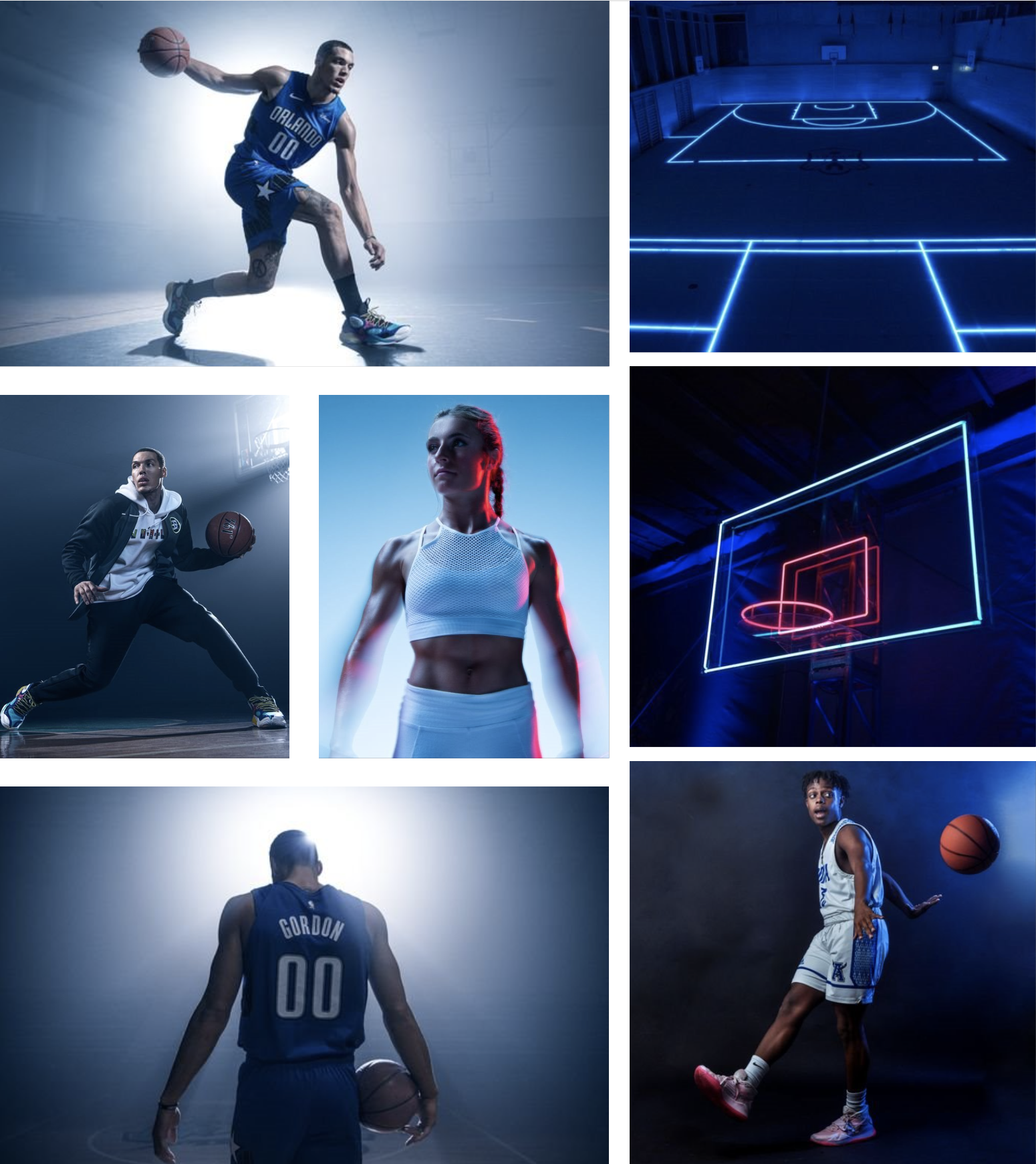 Collage of images featuring basketball players in action and illuminated basketball courts with LED outlines.