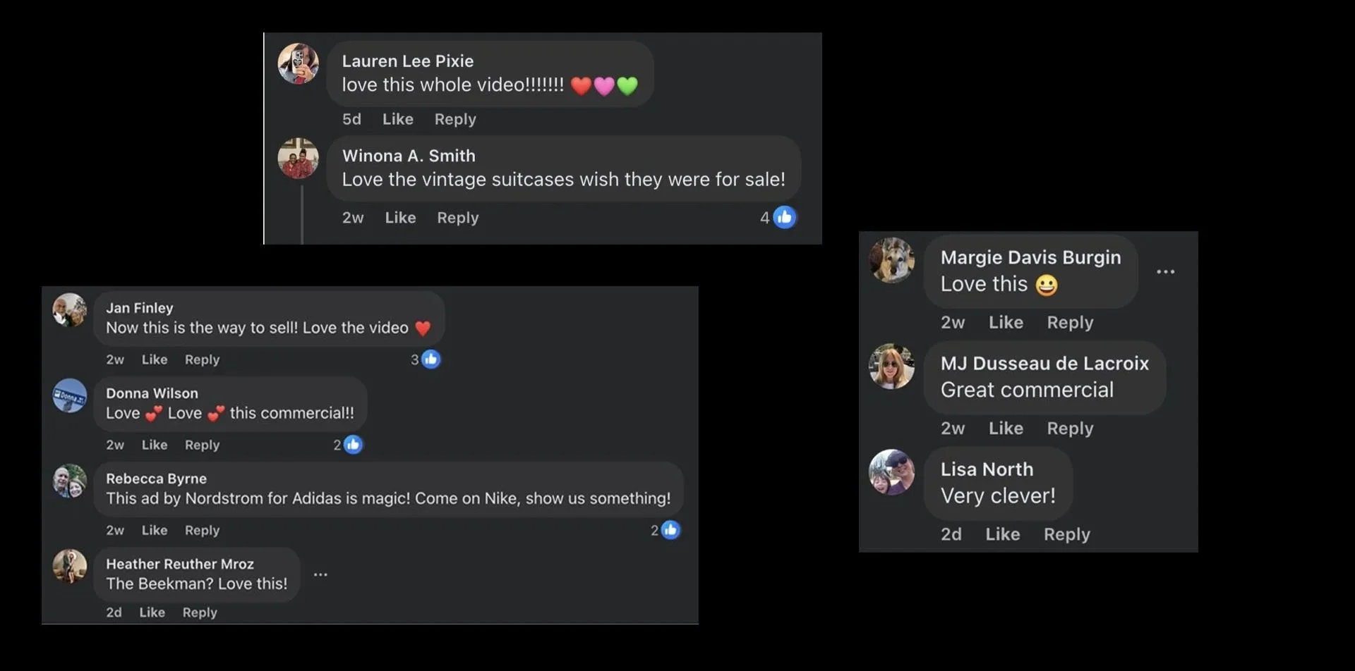 Screenshot of social media comments praising a video and commercial, featuring comments from Lauren Lee Pixie, Winona A. Smith, Jan Finley, Margie Davis Burgin, MJ Dusseau de Lacroix, Lisa North, Donna Wilson, Rebecca Byrne, Heather Reuther Mroz, along with profile pictures and timestamps.