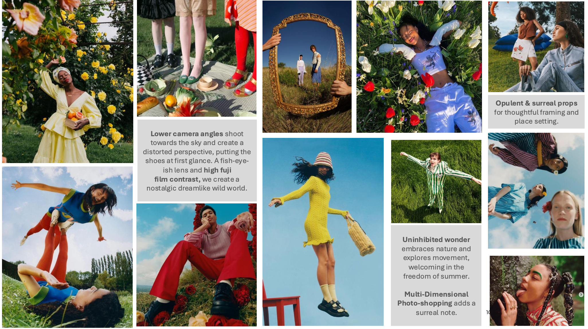 Collage of colorful outdoor scenes featuring children and young adults engaging in various activities like laying in flowers, walking in fields, and posing with mirrors. The images are vibrant and surreal, emphasizing nature, fashion, and playful expression.