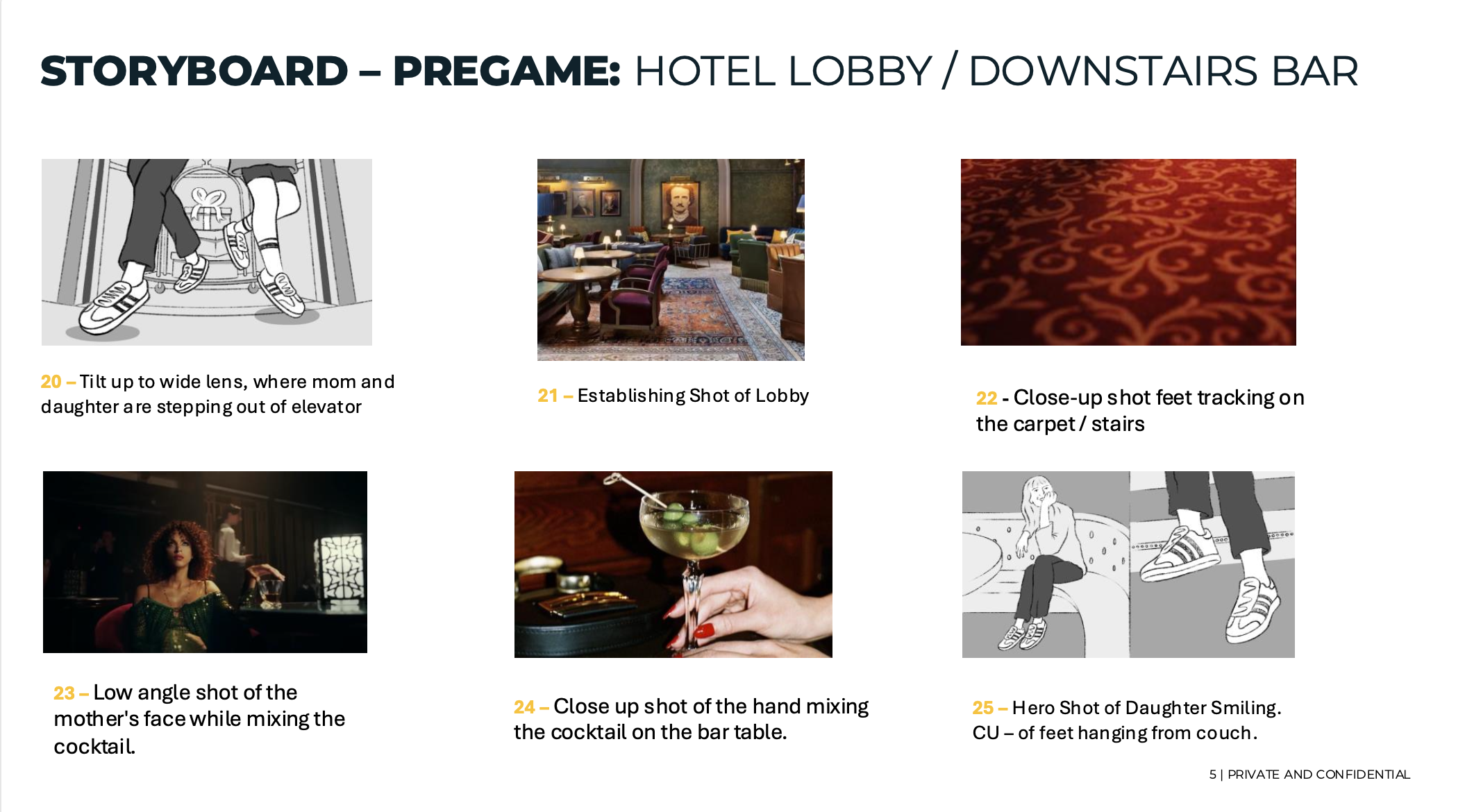 Storyboard scene showing hotel lobby and downstairs bar, including illustrations of people, a shot of the lobby, patterned carpet, a cocktail, and a girl smiling on a couch.